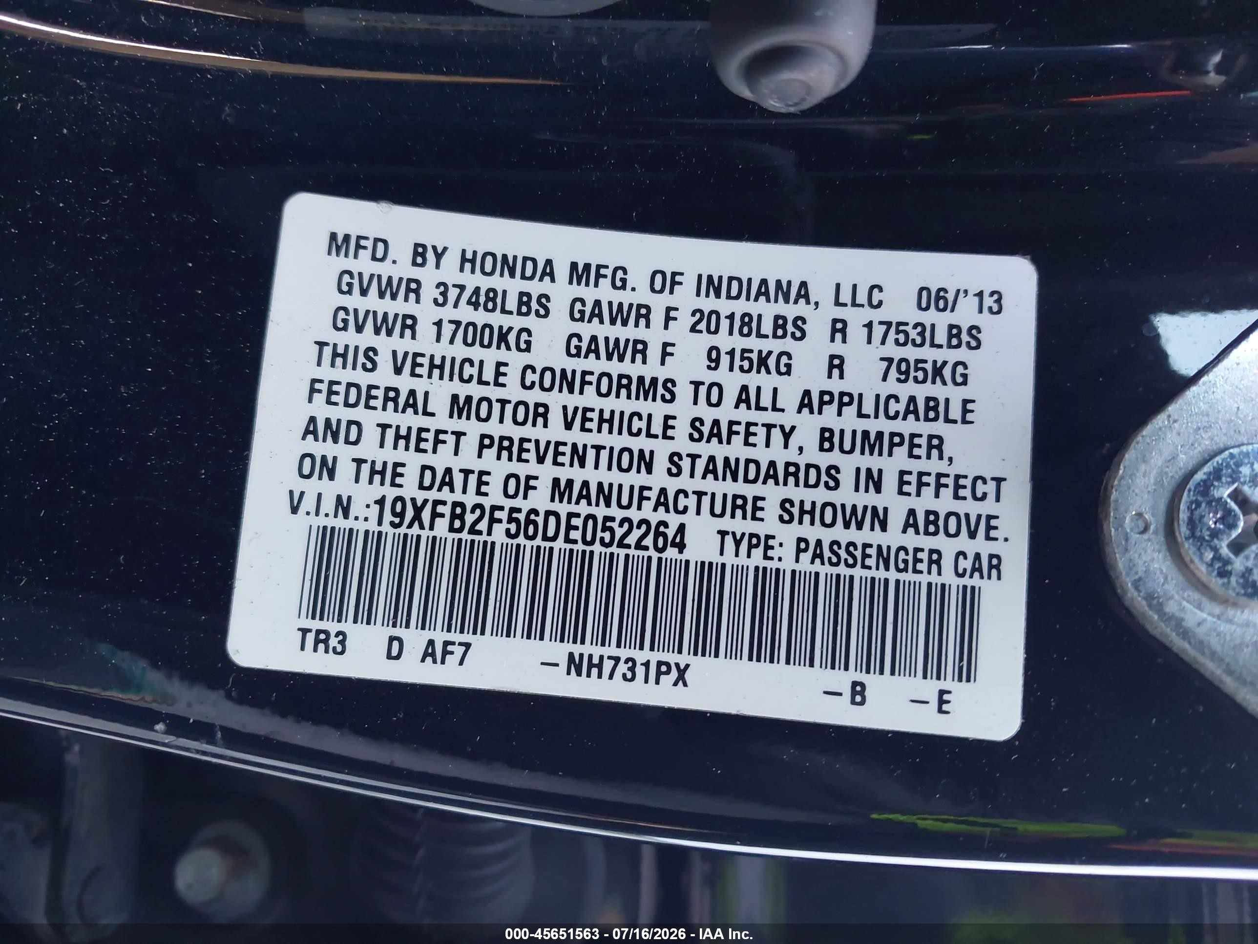 2013 Honda Civic Lx Черный vin: 19XFB2F56DE052264