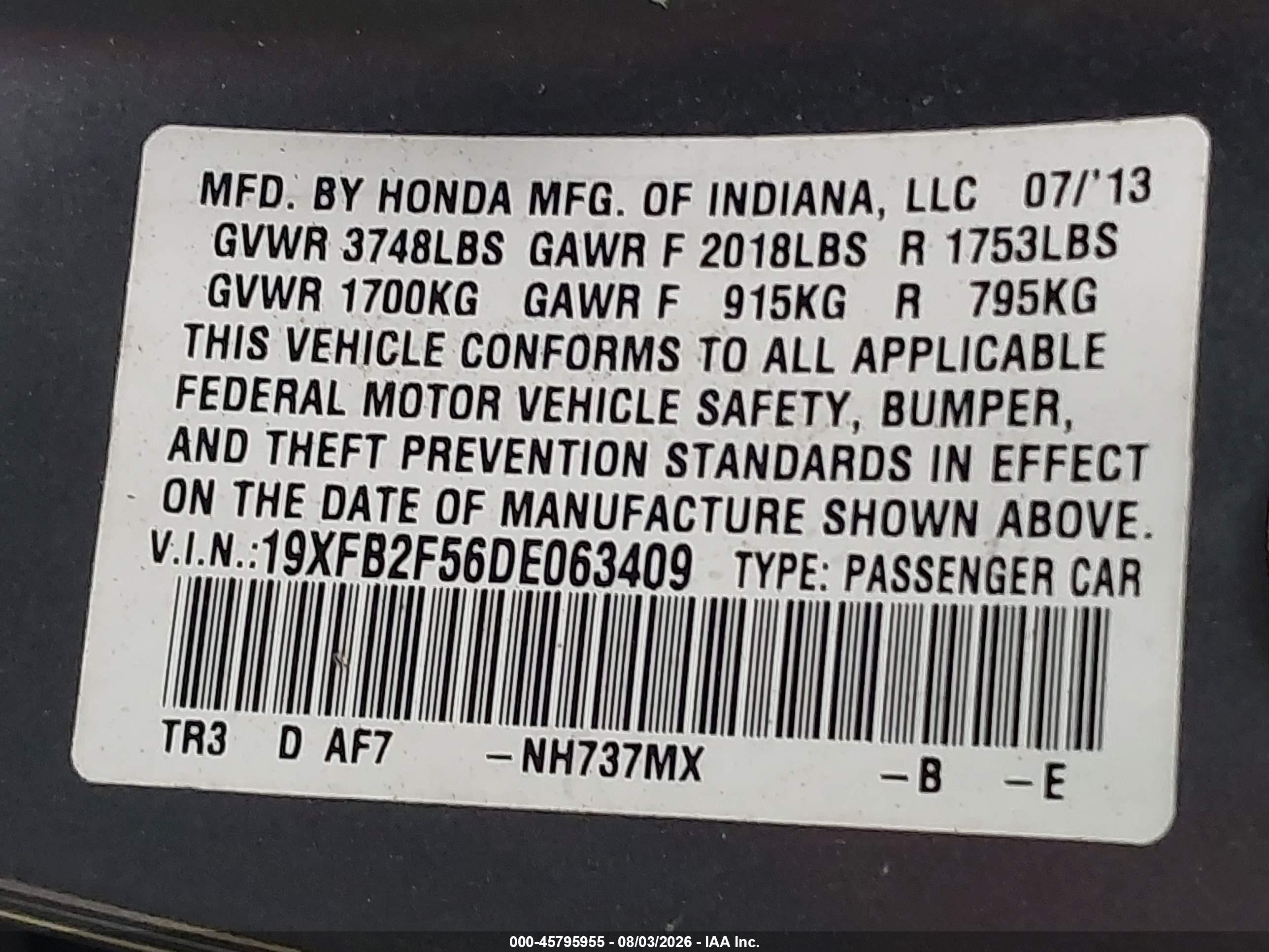 2013 Honda Civic Lx Gray vin: 19XFB2F56DE063409