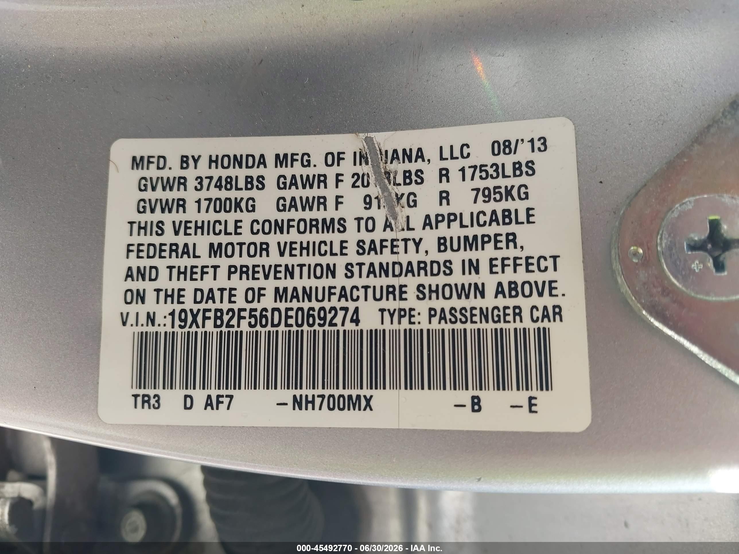 2013 Honda Civic Lx Silver vin: 19XFB2F56DE069274