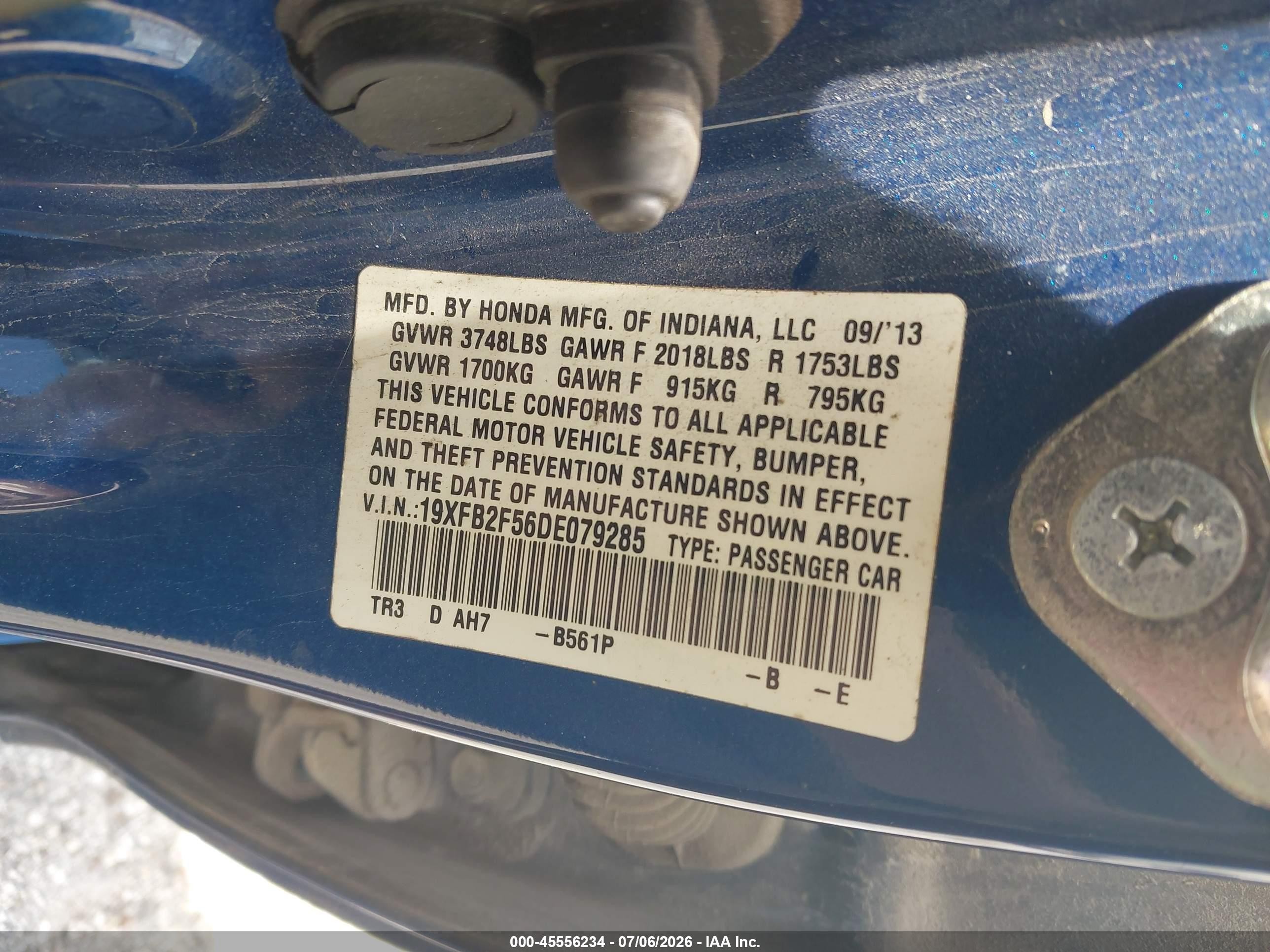 2013 Honda Civic Lx Dark Blue vin: 19XFB2F56DE079285
