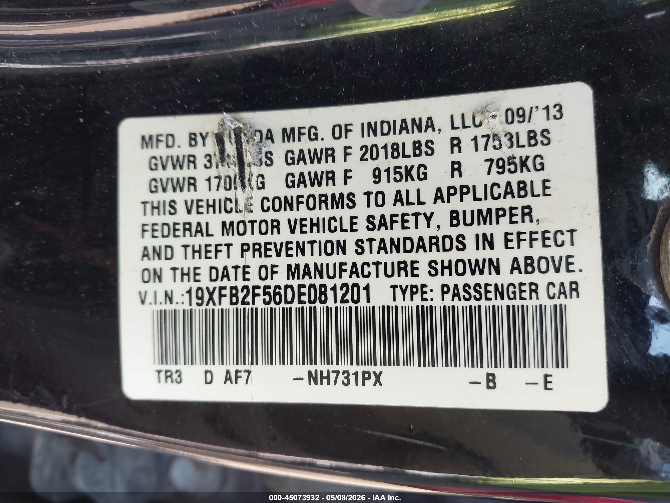 2013 Honda Civic Lx Black vin: 19XFB2F56DE081201