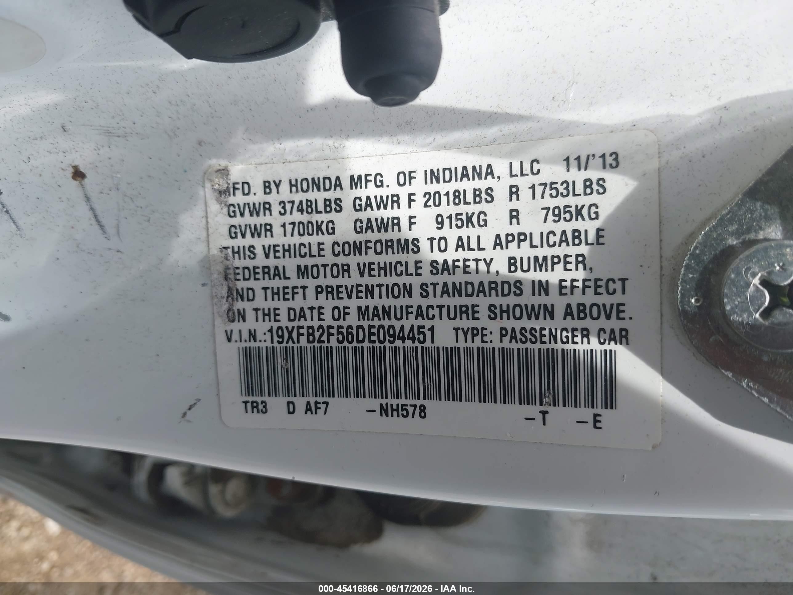 2013 Honda Civic Lx White vin: 19XFB2F56DE094451