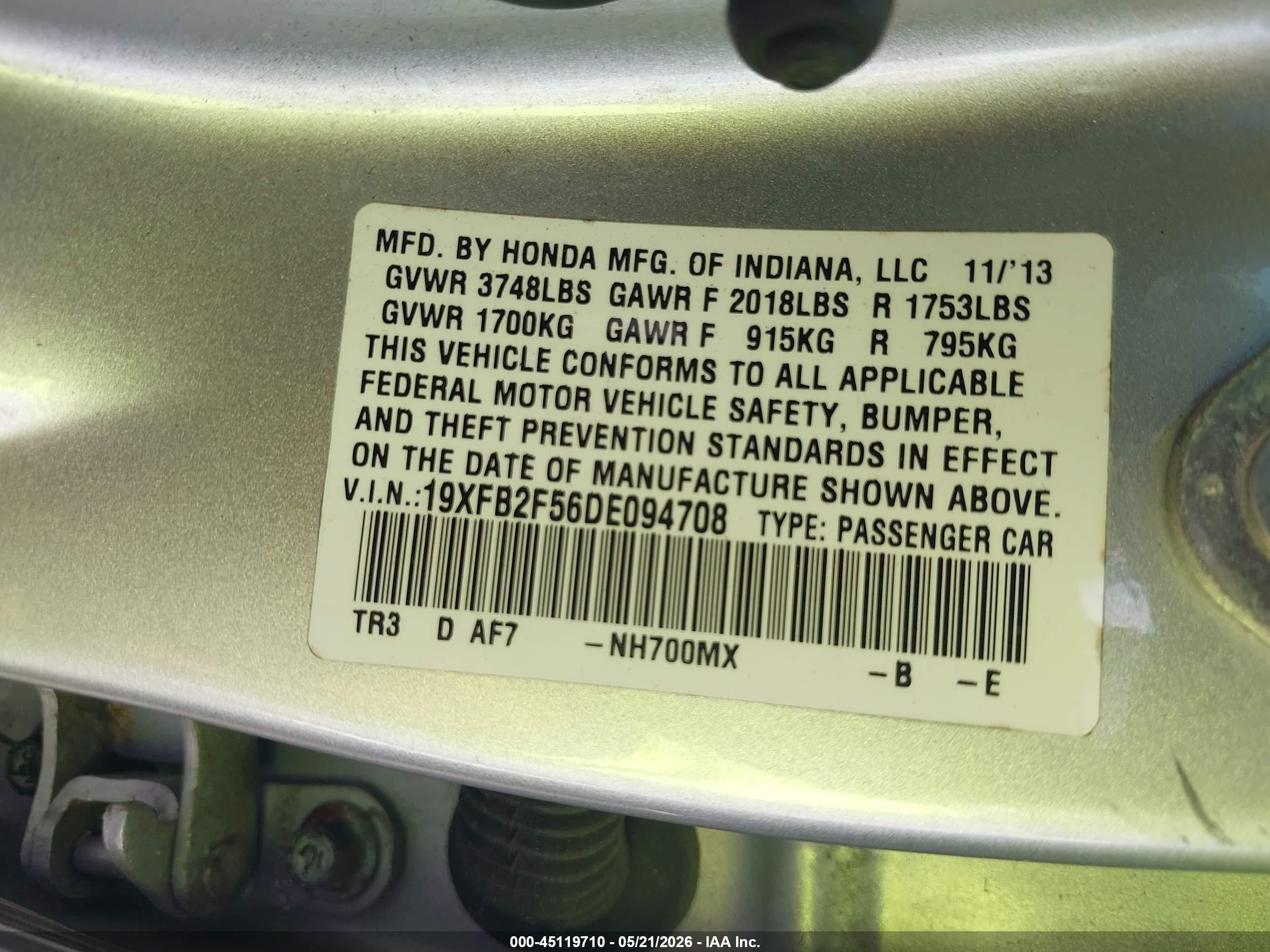 2013 Honda Civic Lx Серый vin: 19XFB2F56DE094708