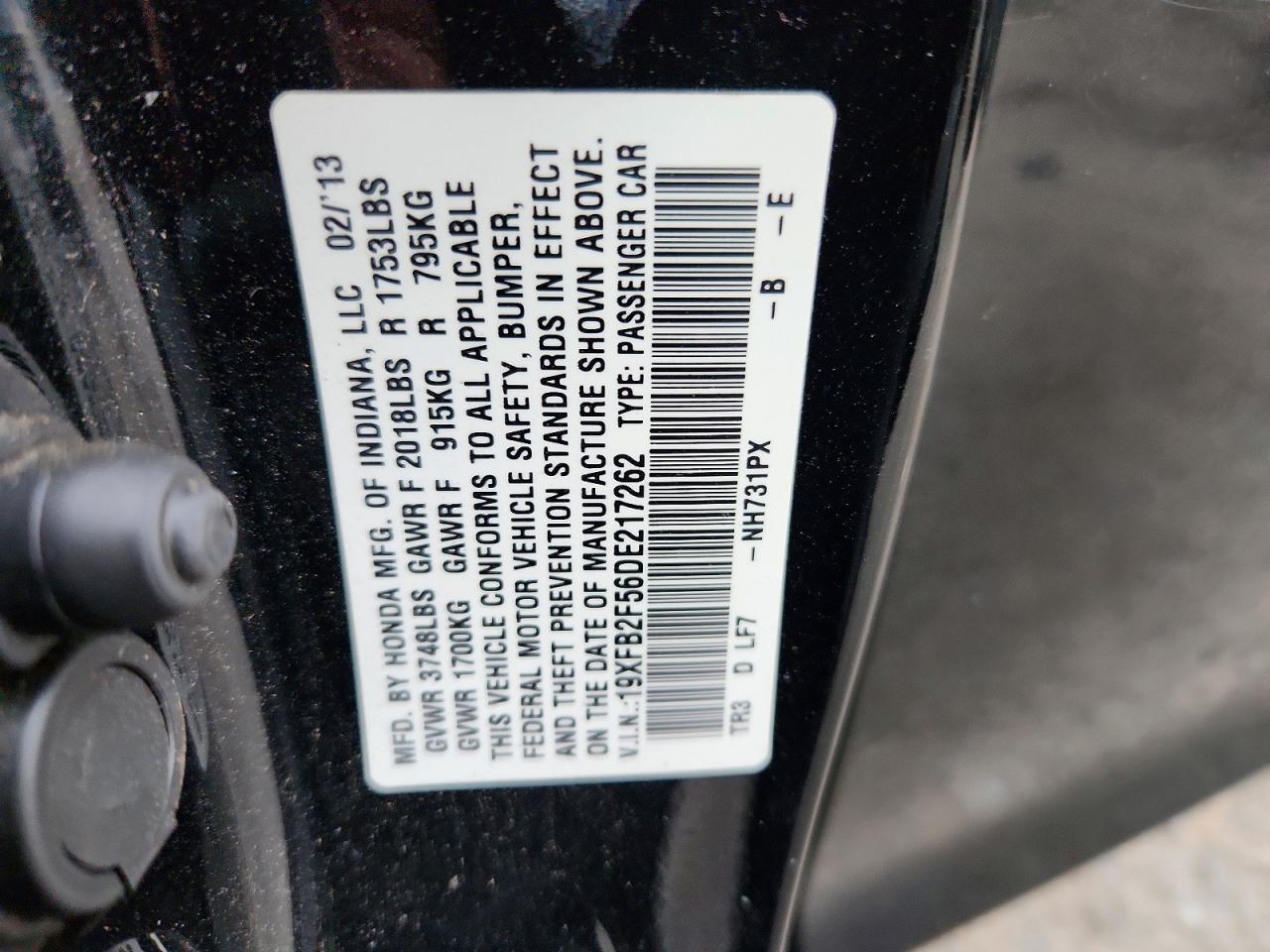 2013 Honda Civic Lx Black vin: 19XFB2F56DE217262