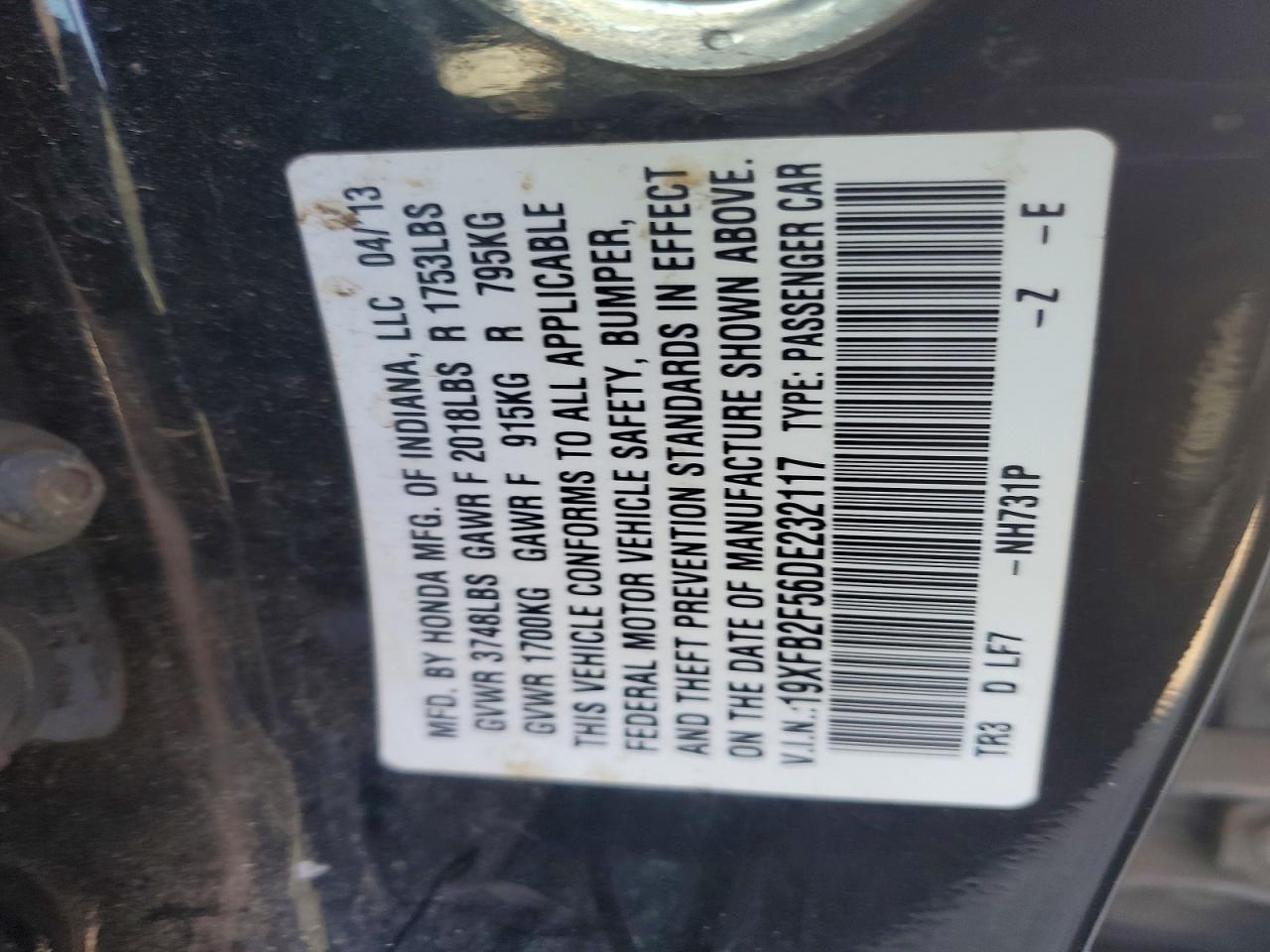 2013 Honda Civic Lx Black vin: 19XFB2F56DE232117