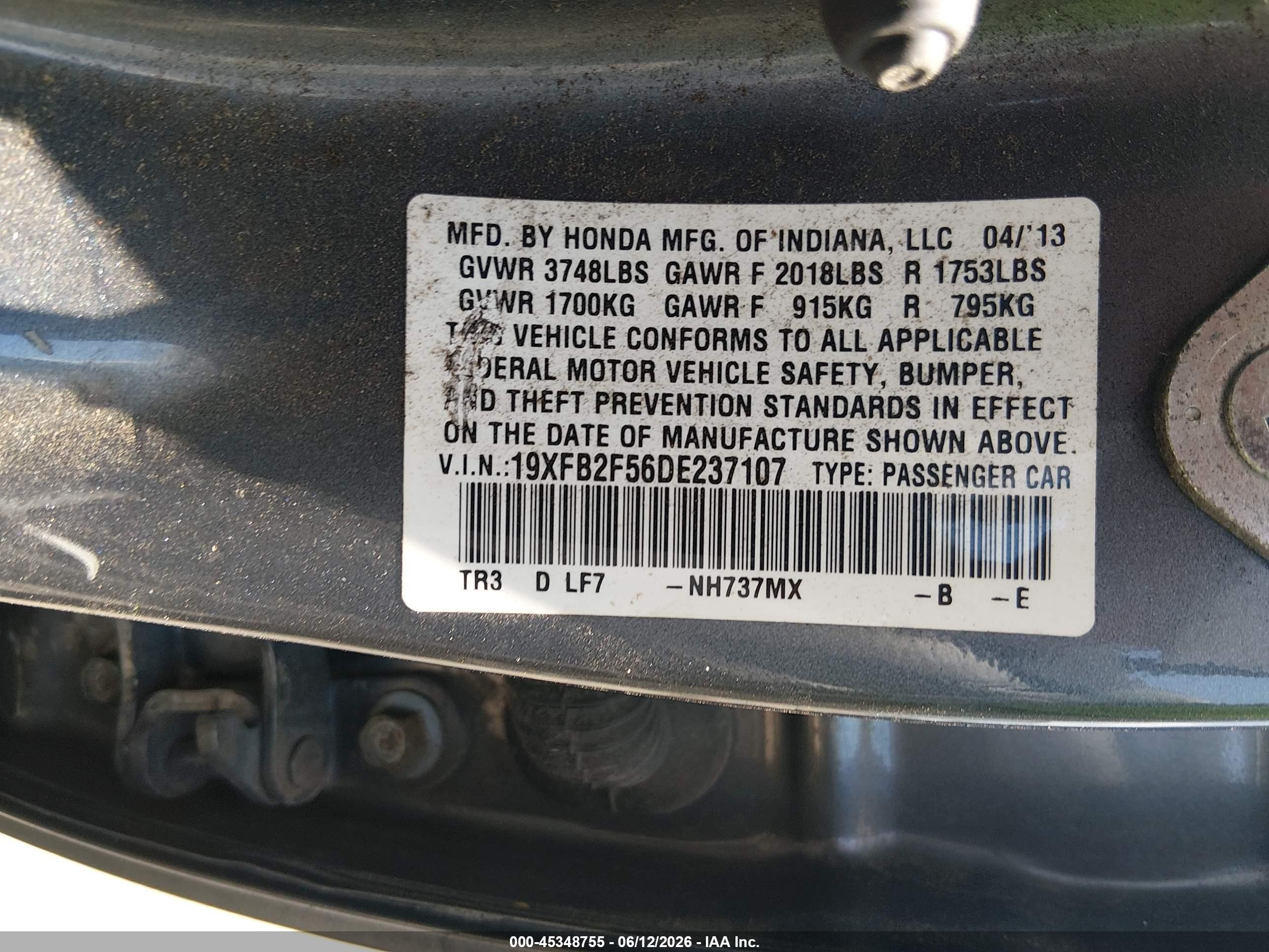 2013 Honda Civic Lx Gray vin: 19XFB2F56DE237107