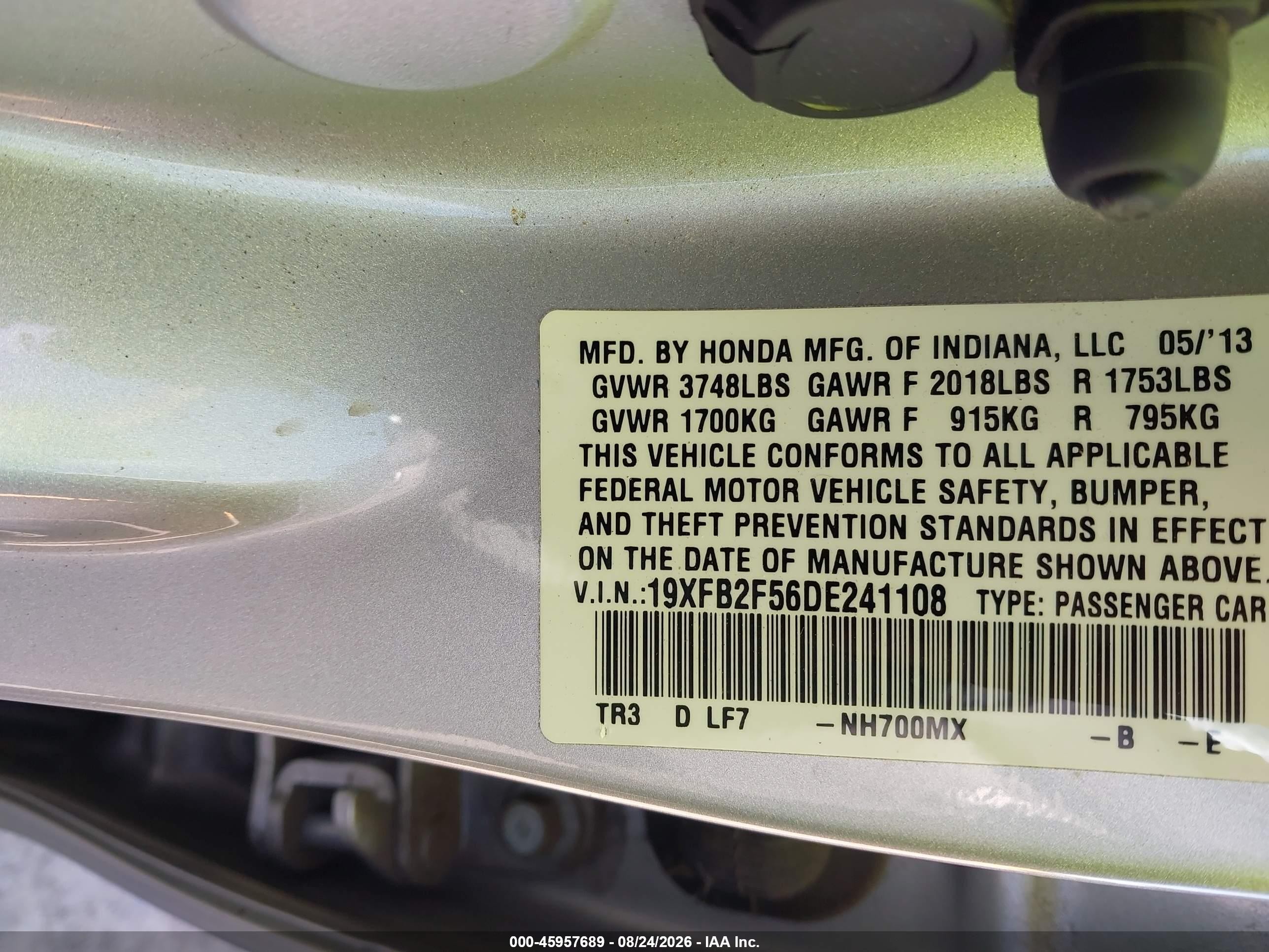 2013 Honda Civic Lx Серебряный vin: 19XFB2F56DE241108