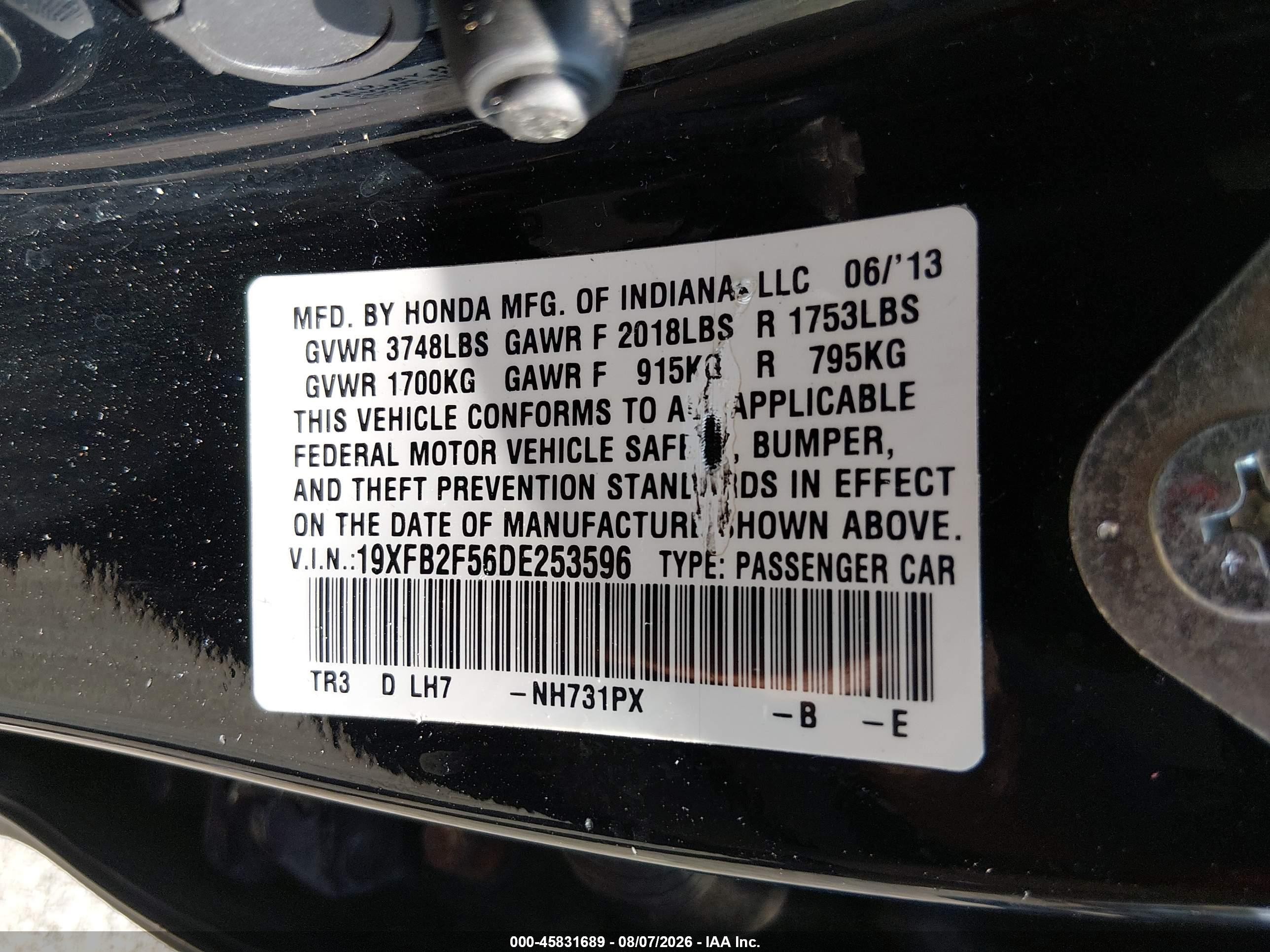 2013 Honda Civic Lx Black vin: 19XFB2F56DE253596