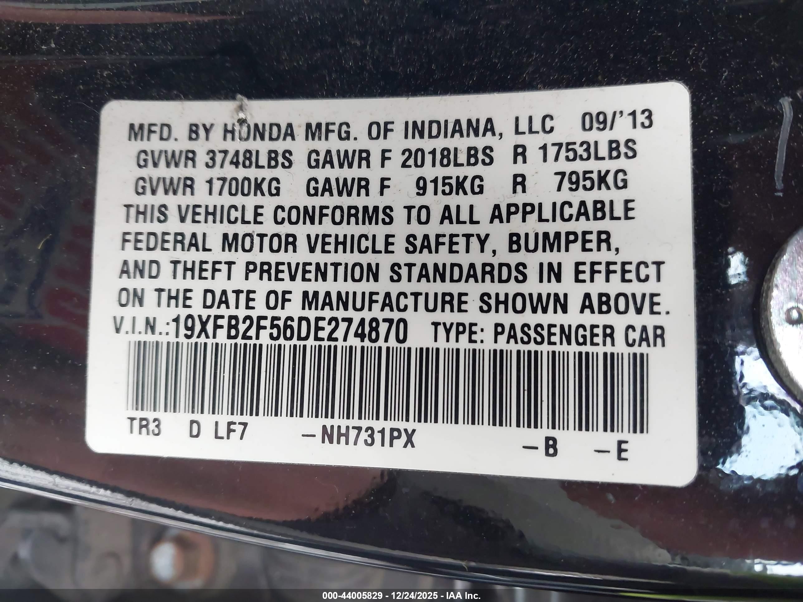 2013 Honda Civic Lx Black vin: 19XFB2F56DE274870