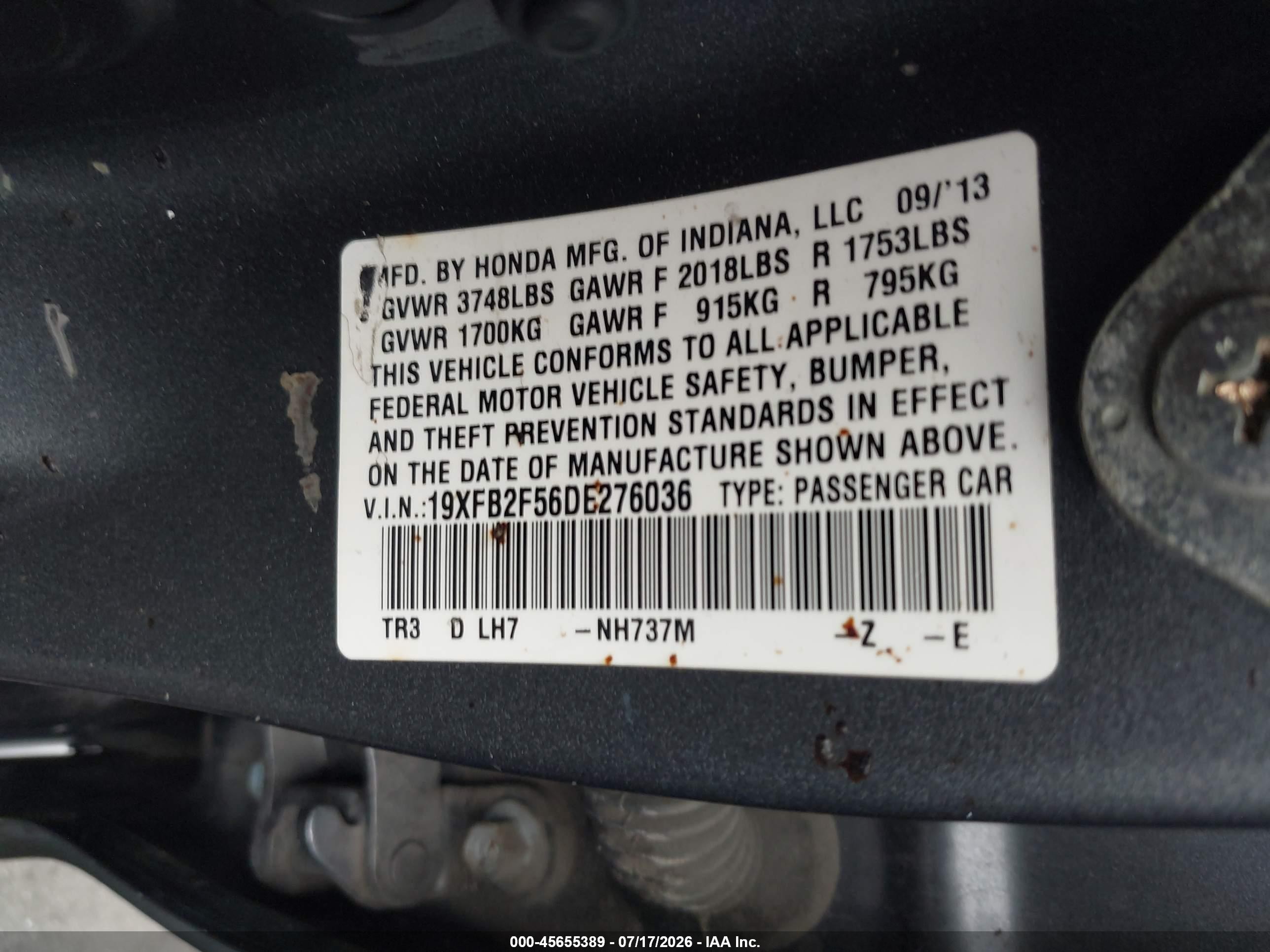 2013 Honda Civic Lx Серый vin: 19XFB2F56DE276036