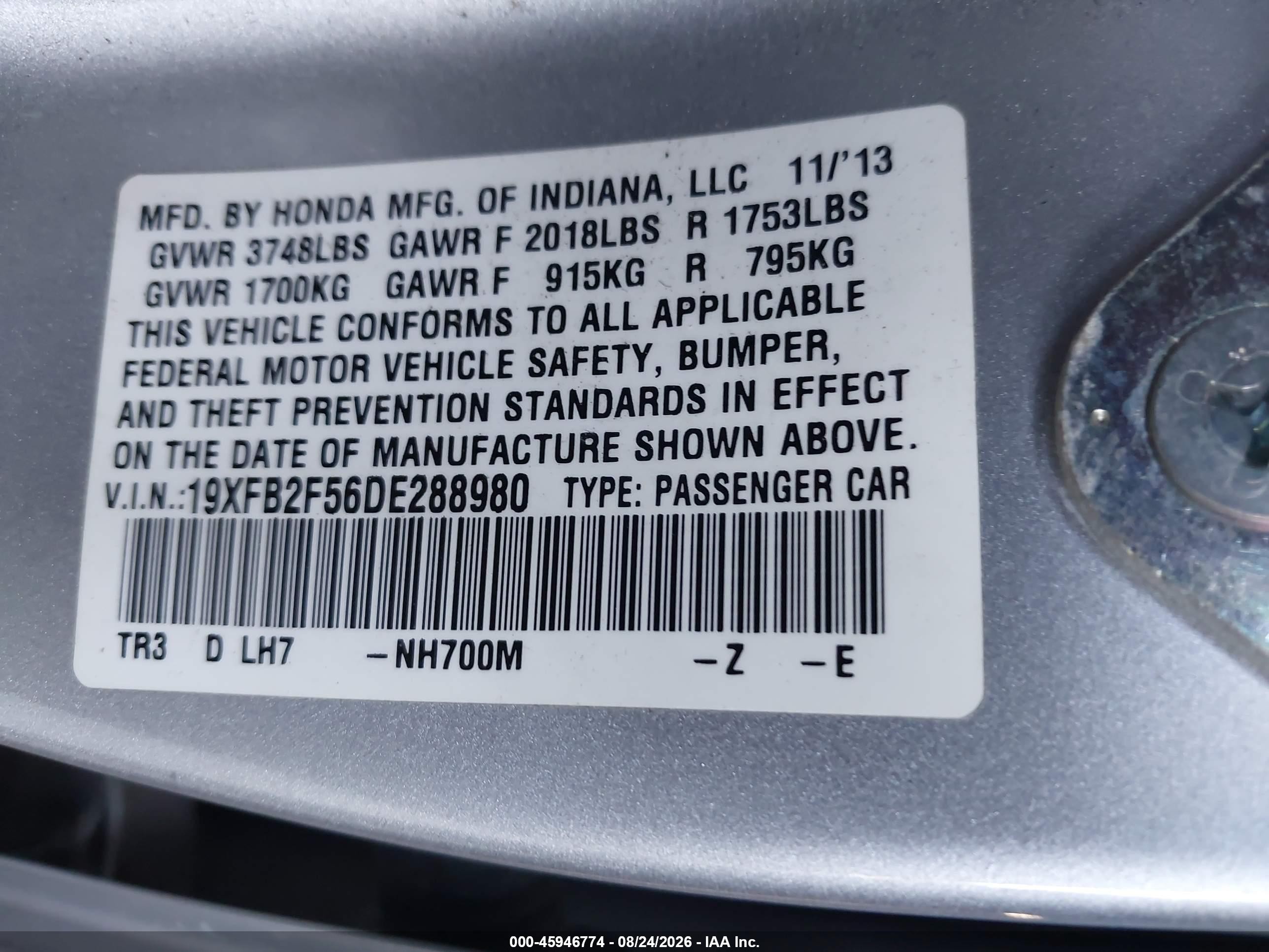 2013 Honda Civic Lx Silver vin: 19XFB2F56DE288980