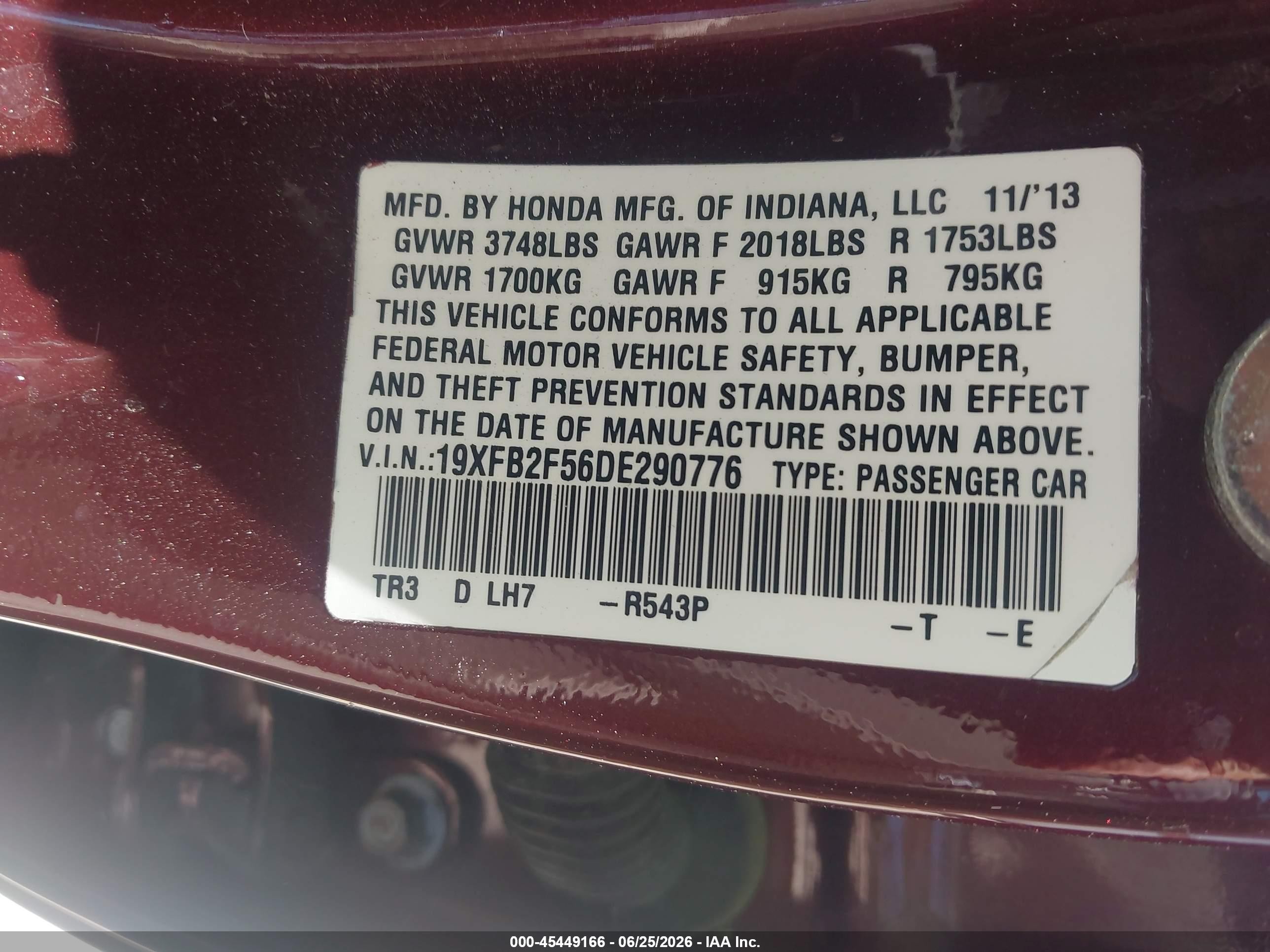 2013 Honda Civic Lx Burgundy vin: 19XFB2F56DE290776