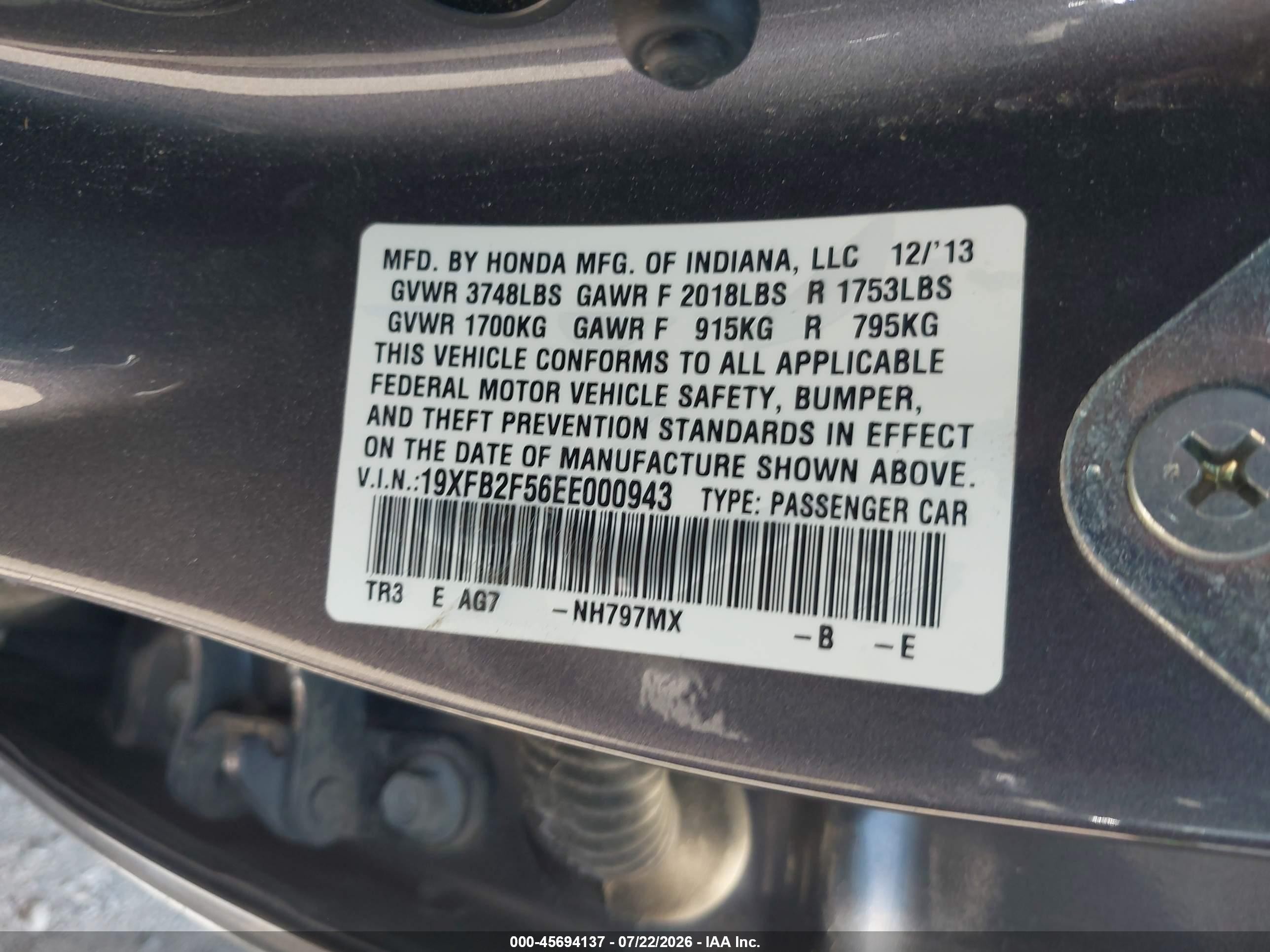 2014 Honda Civic Lx Gray vin: 19XFB2F56EE000943