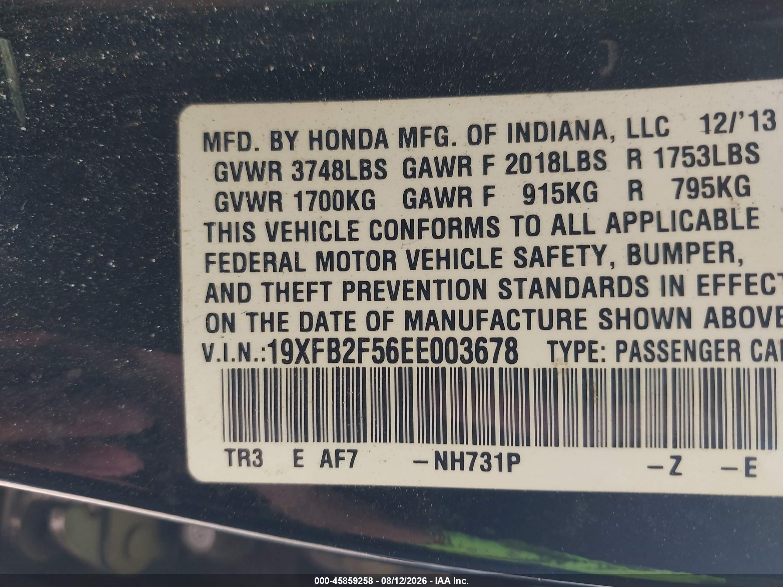 2014 Honda Civic Lx Black vin: 19XFB2F56EE003678