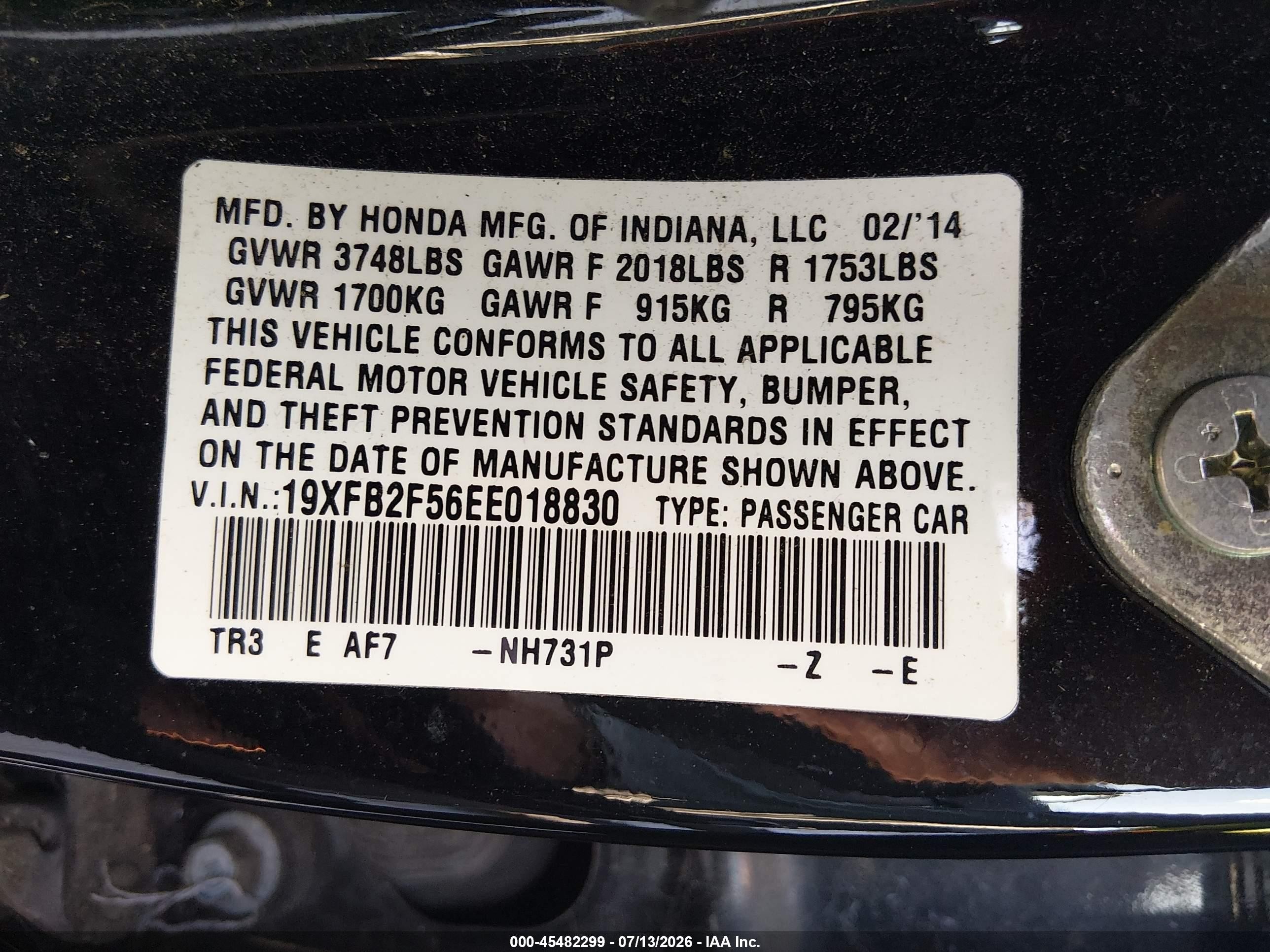 2014 Honda Civic Lx Black vin: 19XFB2F56EE018830