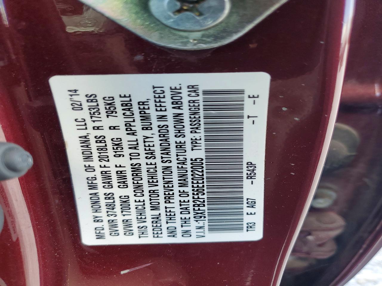 2014 Honda Civic Lx Burgundy vin: 19XFB2F56EE022005