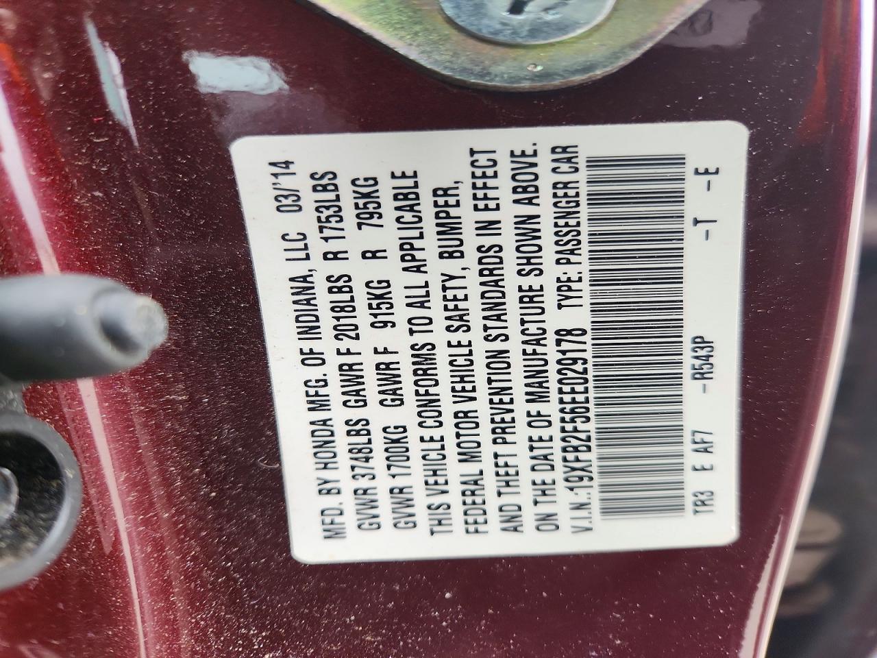 2014 Honda Civic Lx Maroon vin: 19XFB2F56EE029178