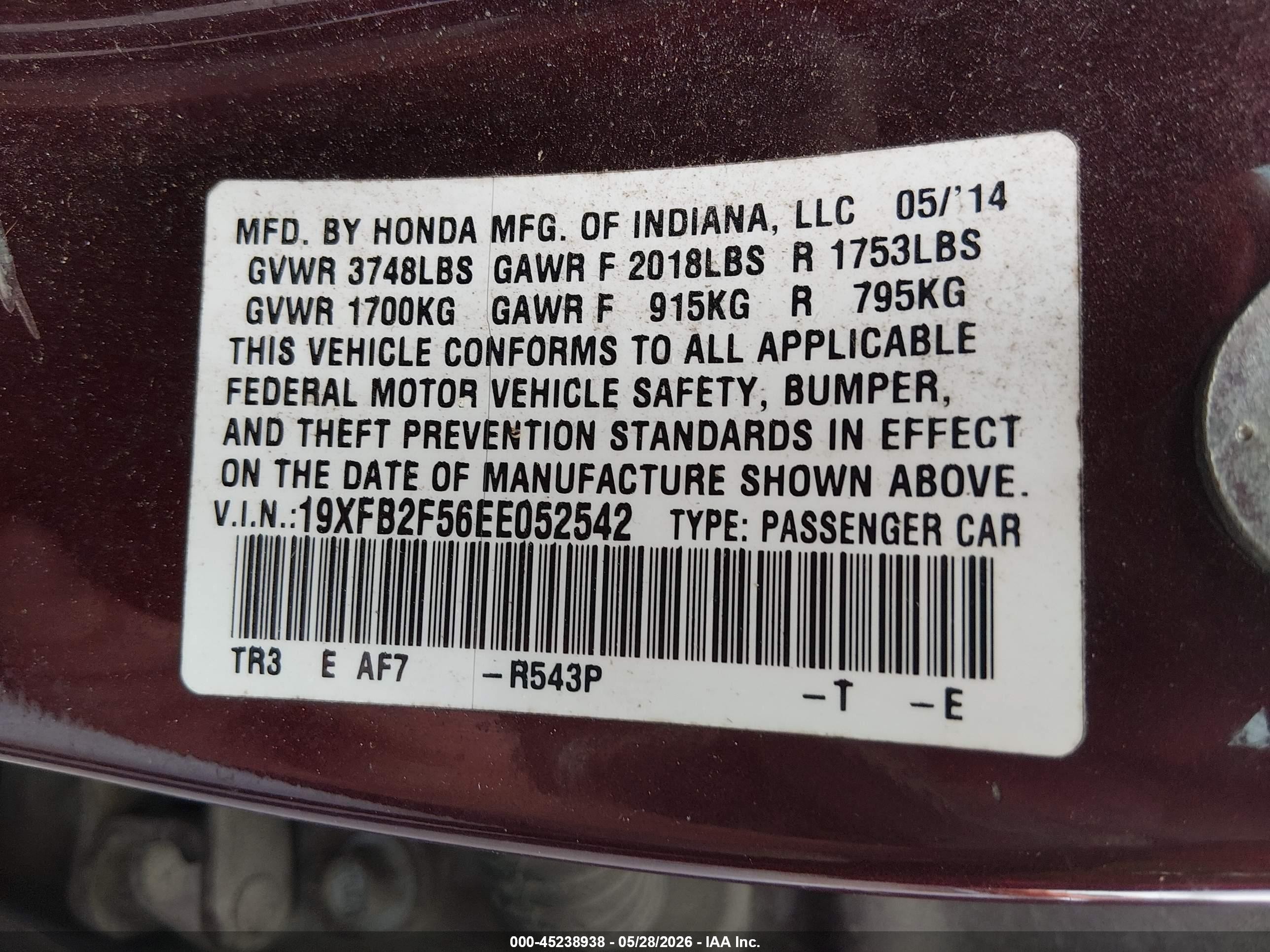 2014 Honda Civic Lx Maroon vin: 19XFB2F56EE052542