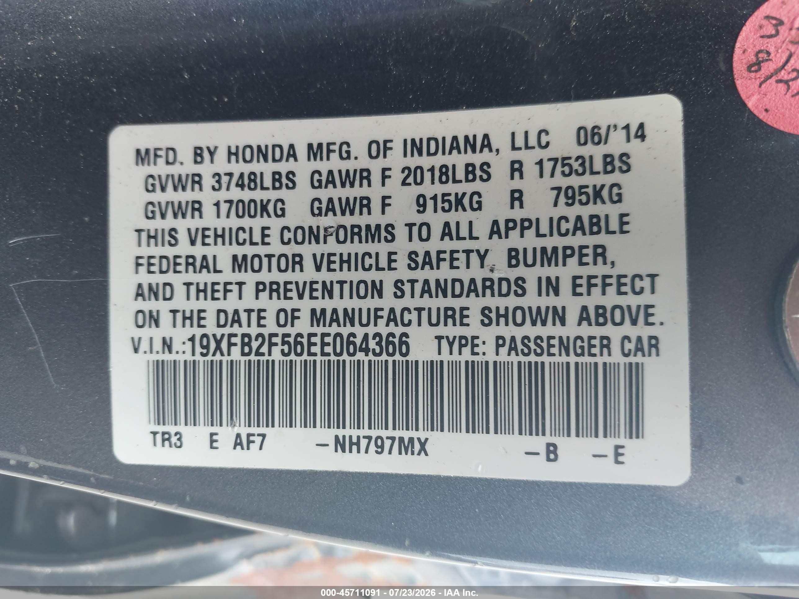 2014 Honda Civic Lx Gray vin: 19XFB2F56EE064366