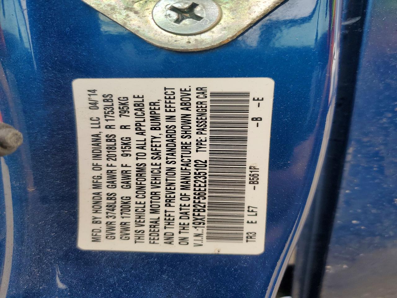 2014 Honda Civic Lx Blue vin: 19XFB2F56EE235102