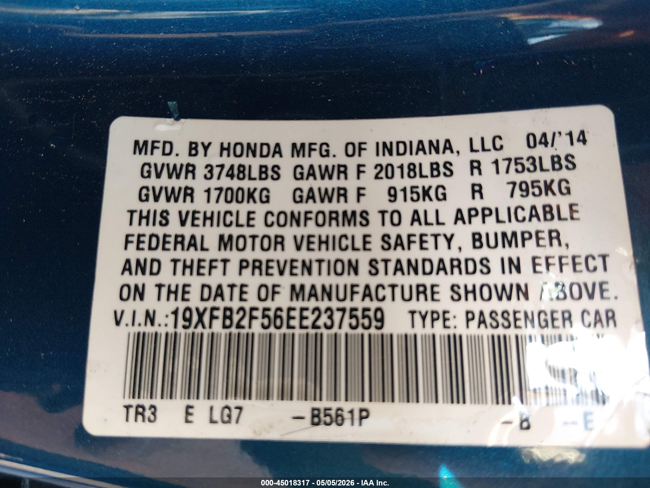 2014 Honda Civic Lx Blue vin: 19XFB2F56EE237559