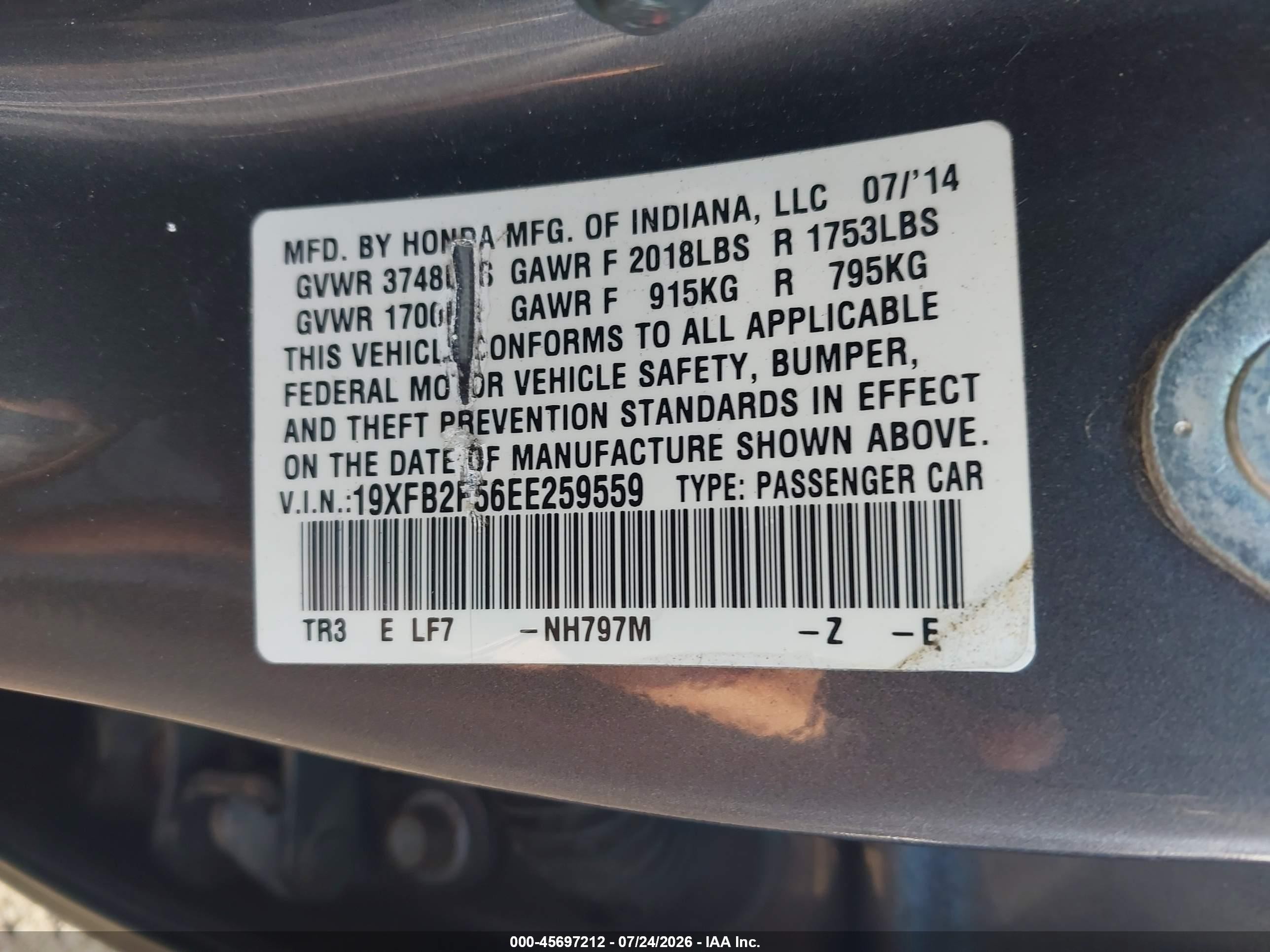 2014 Honda Civic Lx Серый vin: 19XFB2F56EE259559