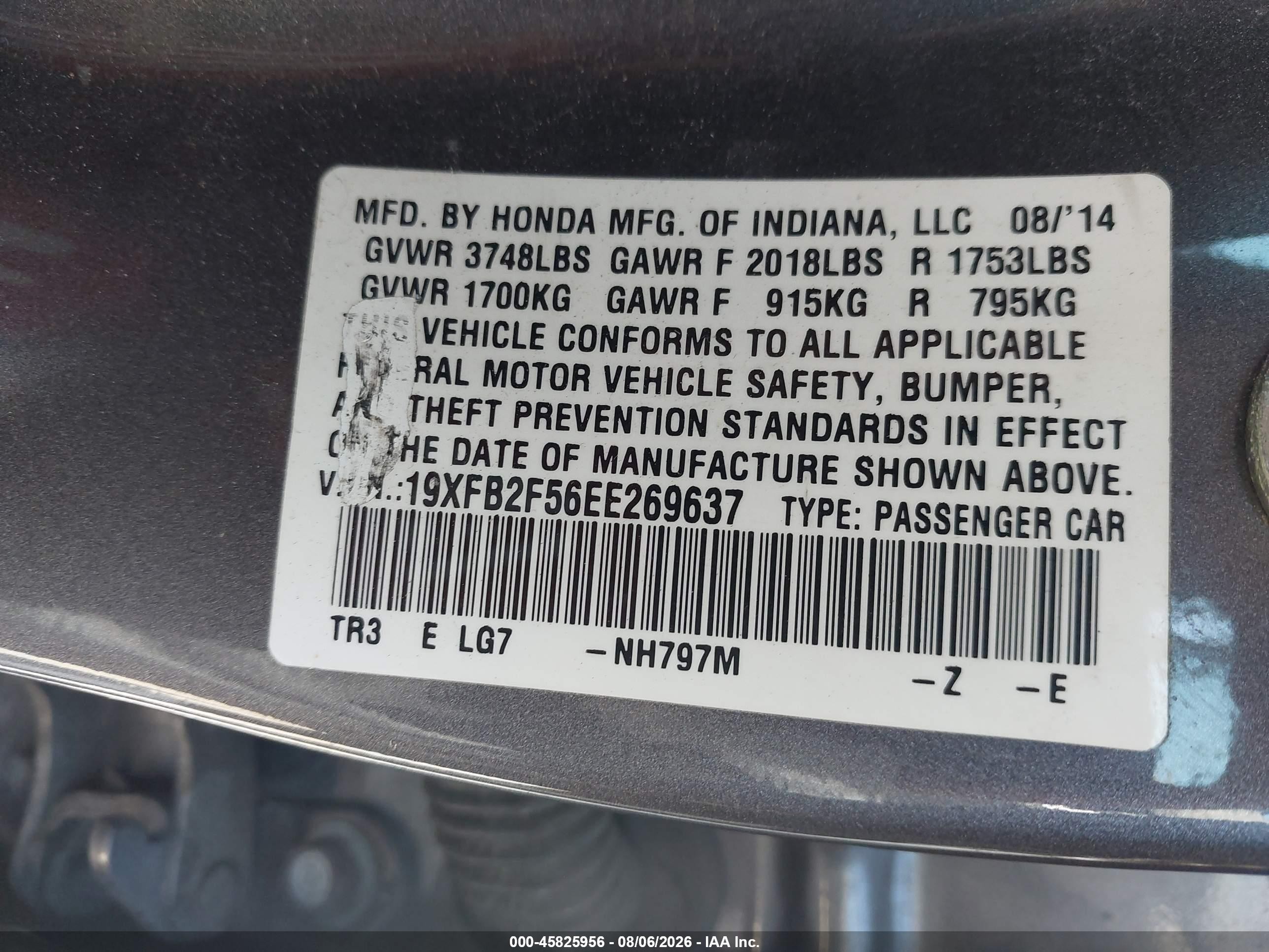 2014 Honda Civic Lx Gray vin: 19XFB2F56EE269637