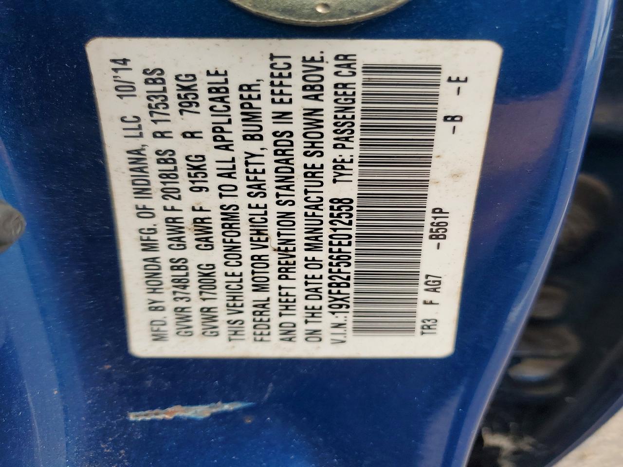 2015 Honda Civic Lx Blue vin: 19XFB2F56FE012558
