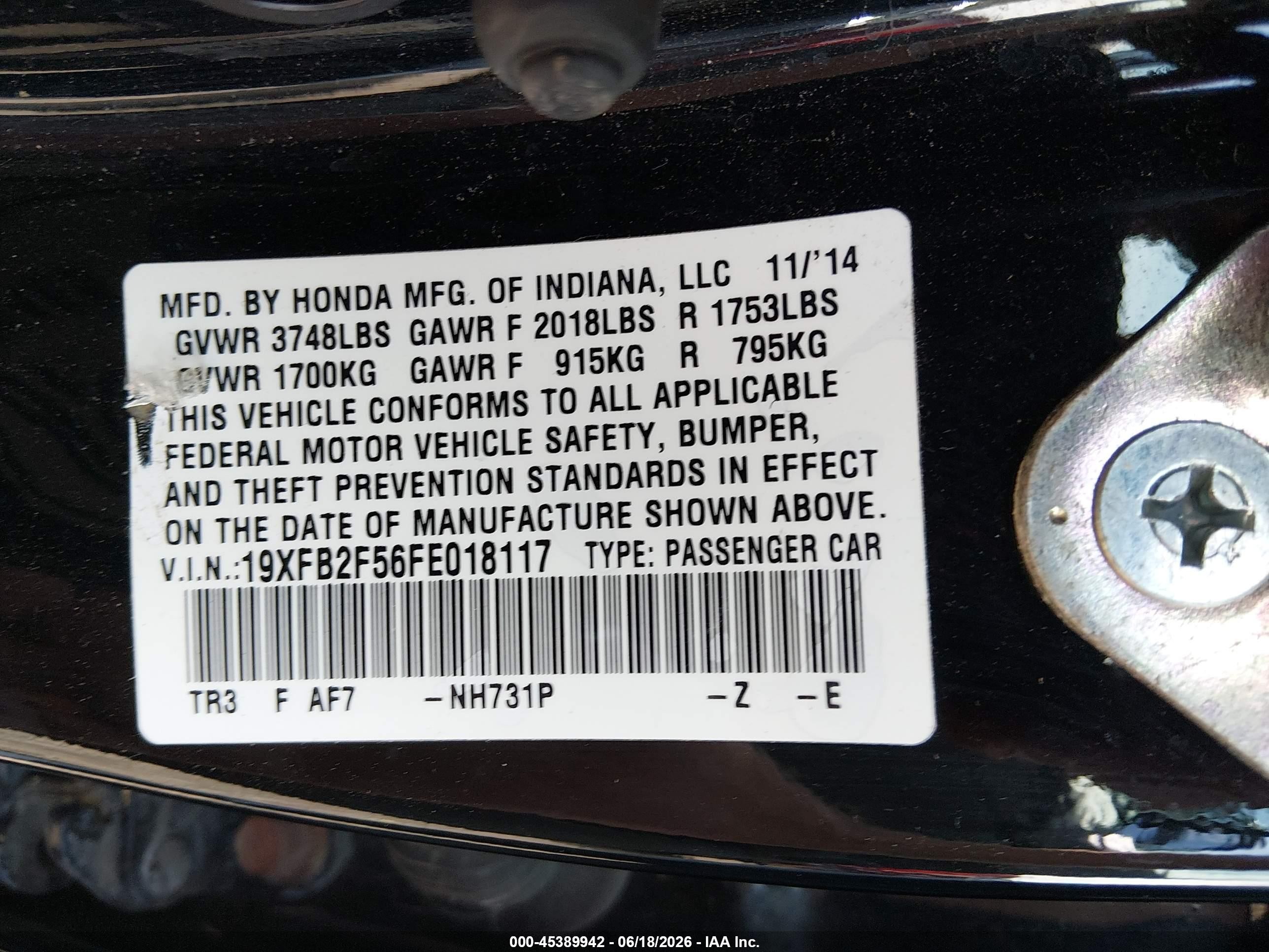 2015 Honda Civic Lx Black vin: 19XFB2F56FE018117