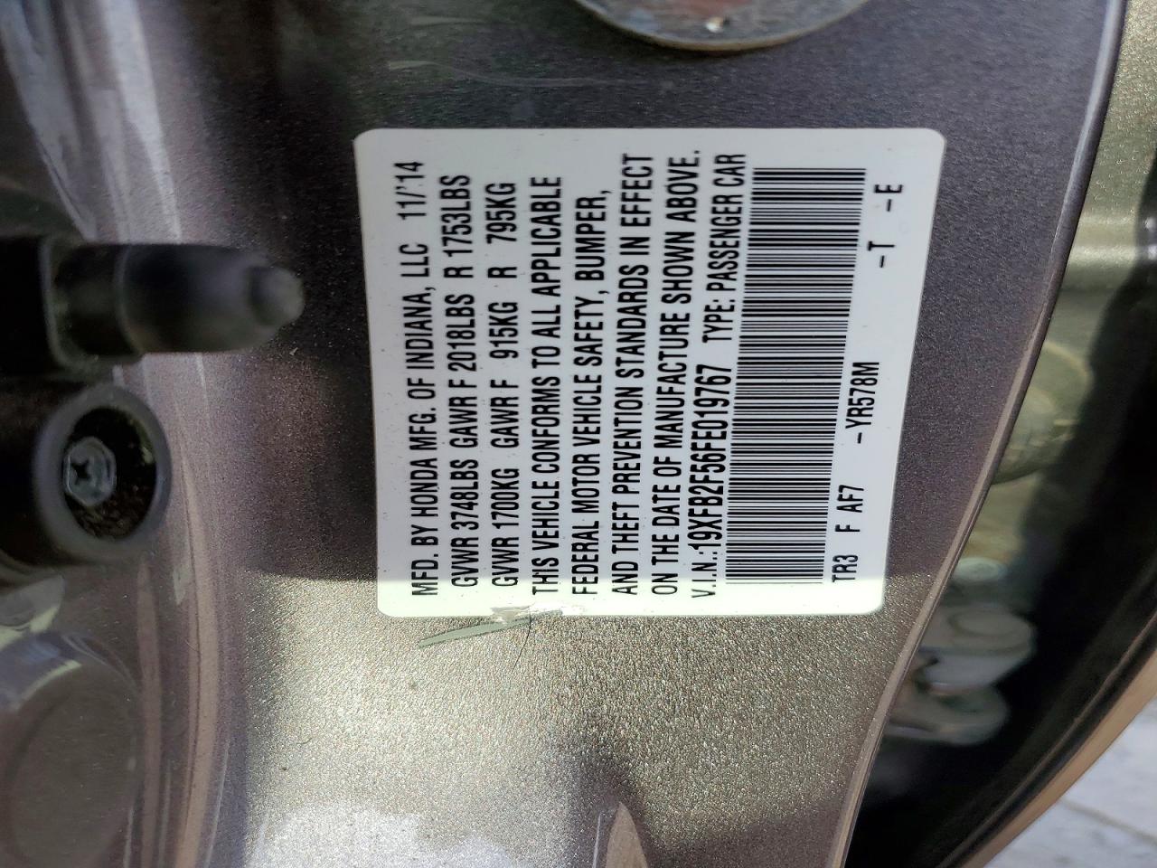 2015 Honda Civic Lx Gray vin: 19XFB2F56FE019767