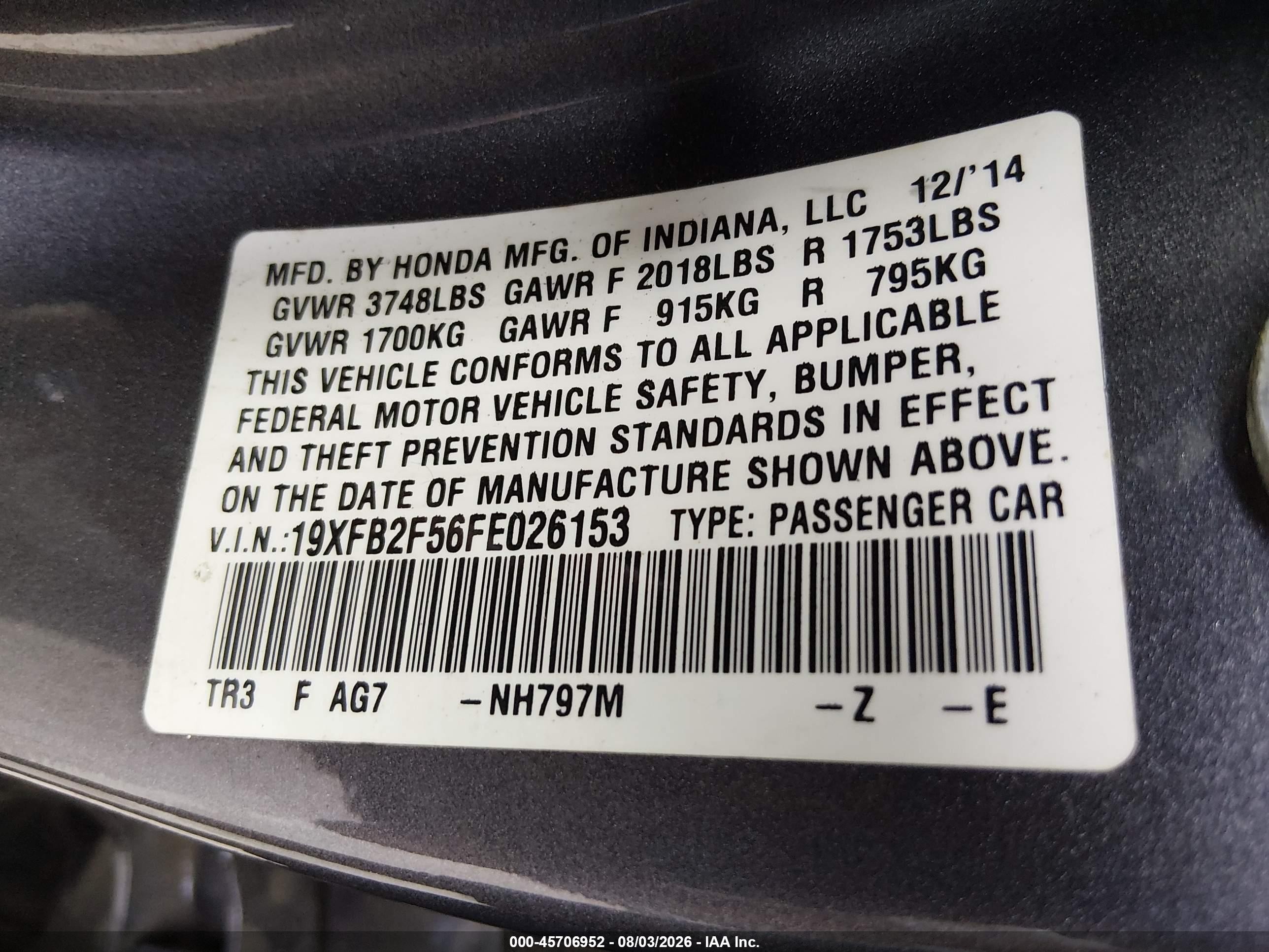 2015 Honda Civic Lx Gray vin: 19XFB2F56FE026153