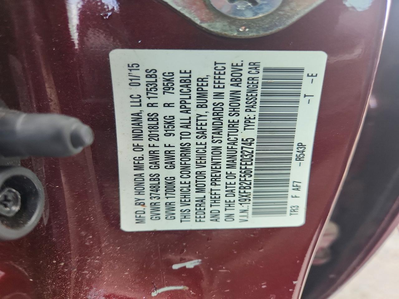 2015 Honda Civic Lx Burgundy vin: 19XFB2F56FE032745