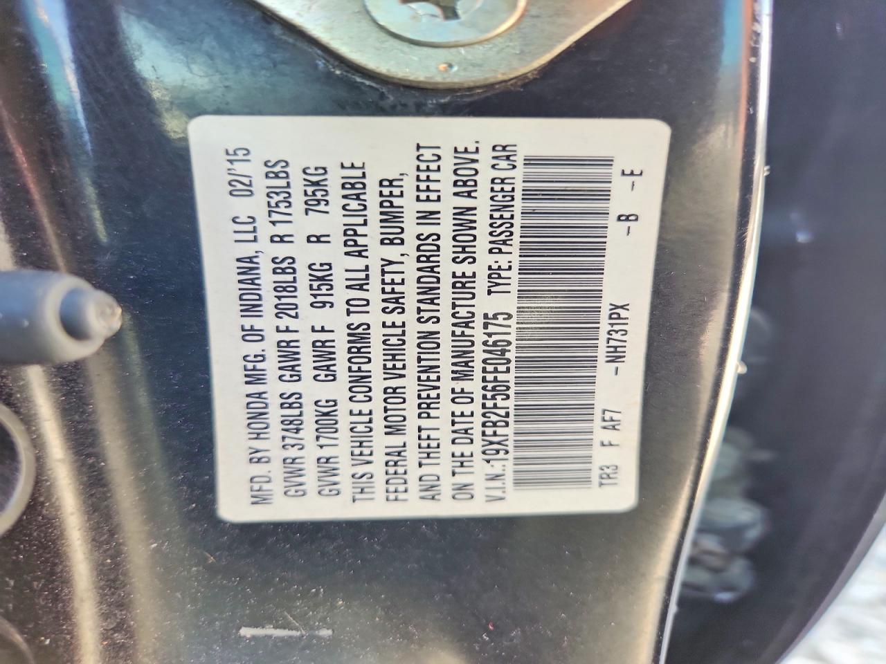 2015 Honda Civic Lx Black vin: 19XFB2F56FE046175