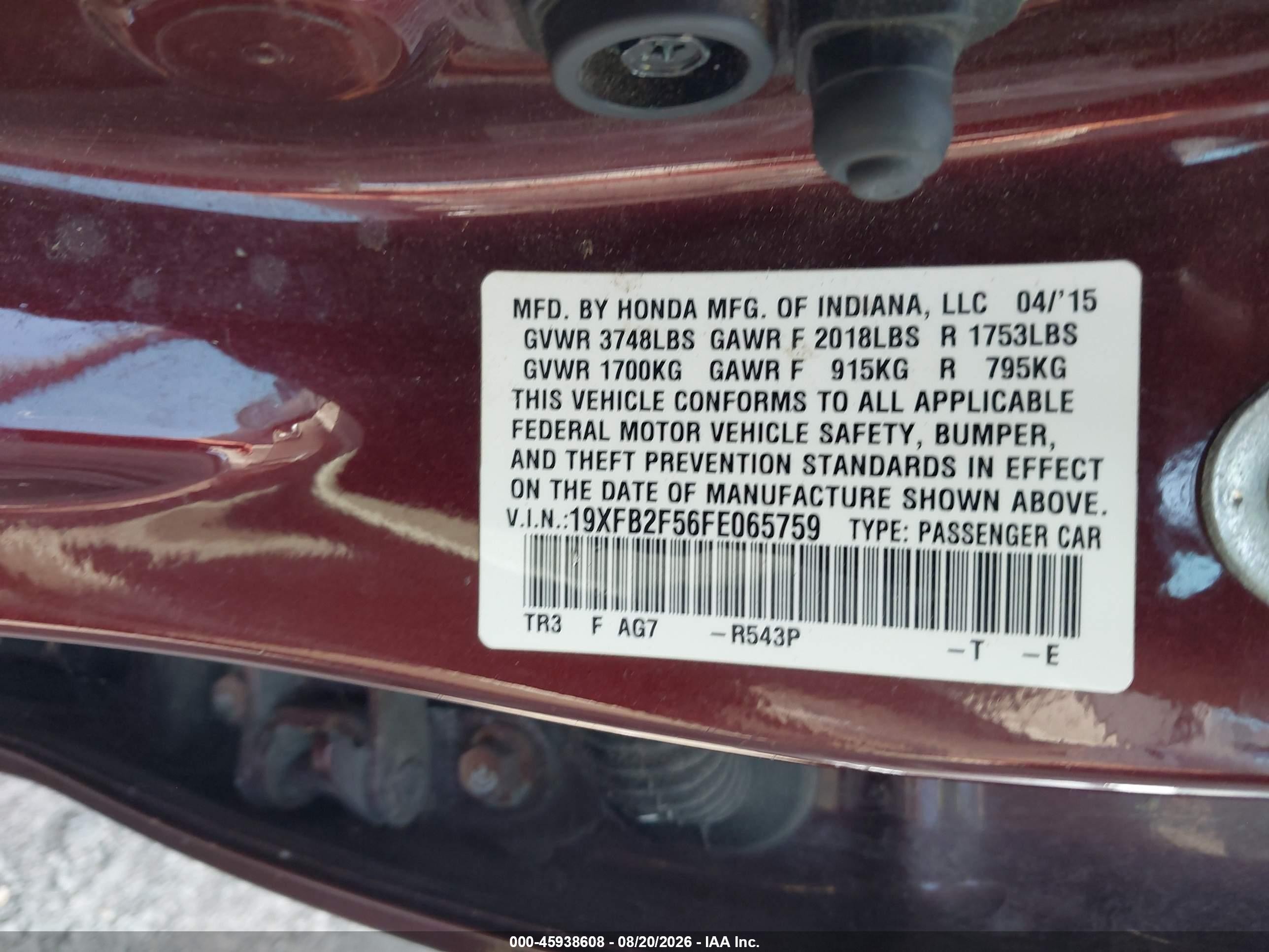 2015 Honda Civic Lx Maroon vin: 19XFB2F56FE065759