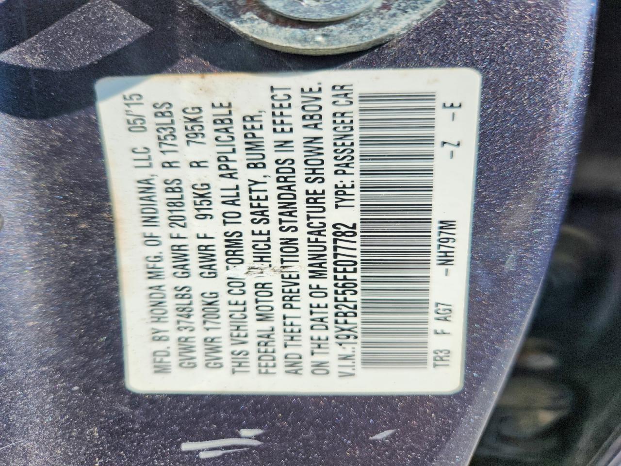 2015 Honda Civic Lx Gray vin: 19XFB2F56FE077782