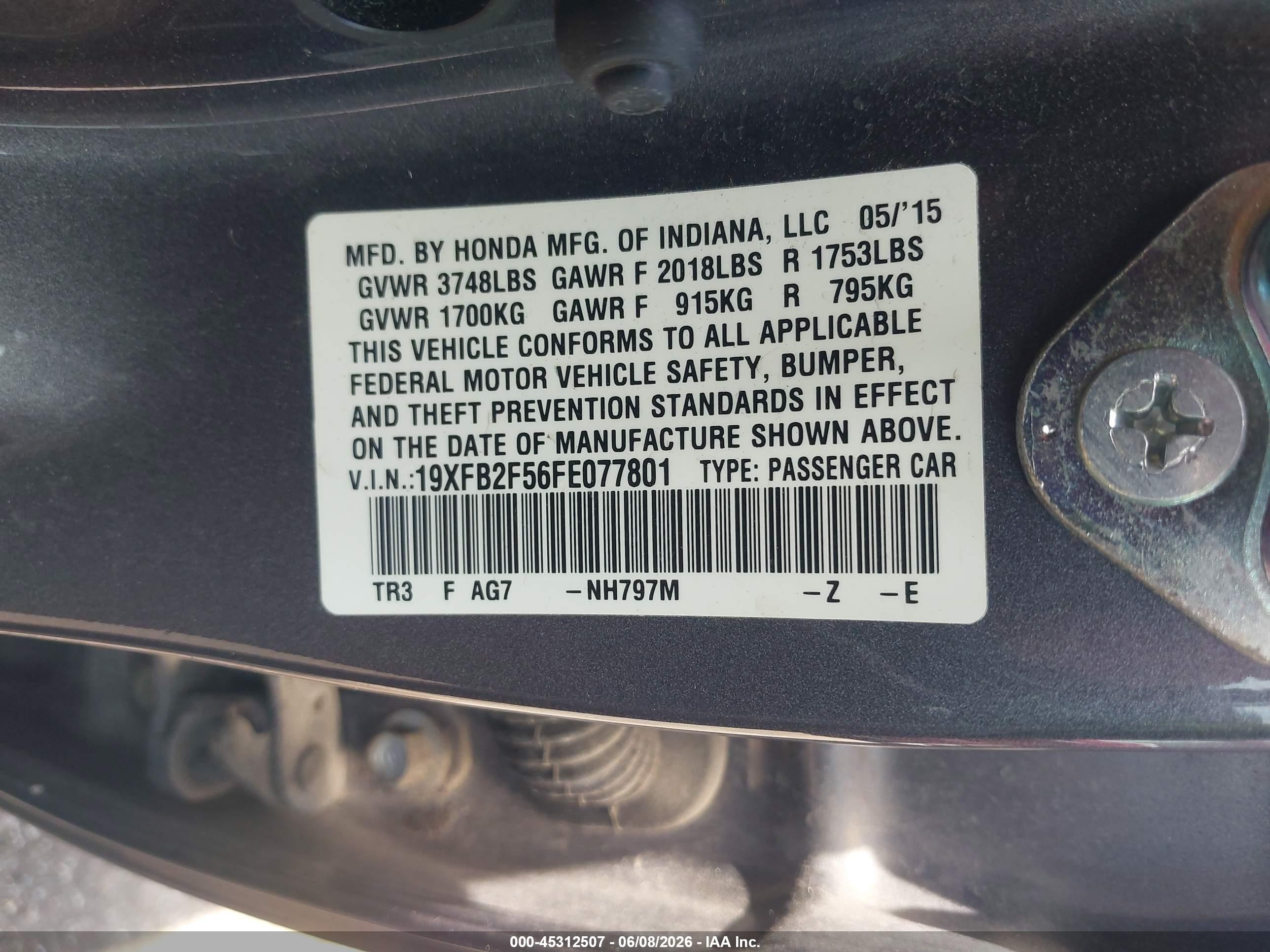 2015 Honda Civic Lx Gray vin: 19XFB2F56FE077801