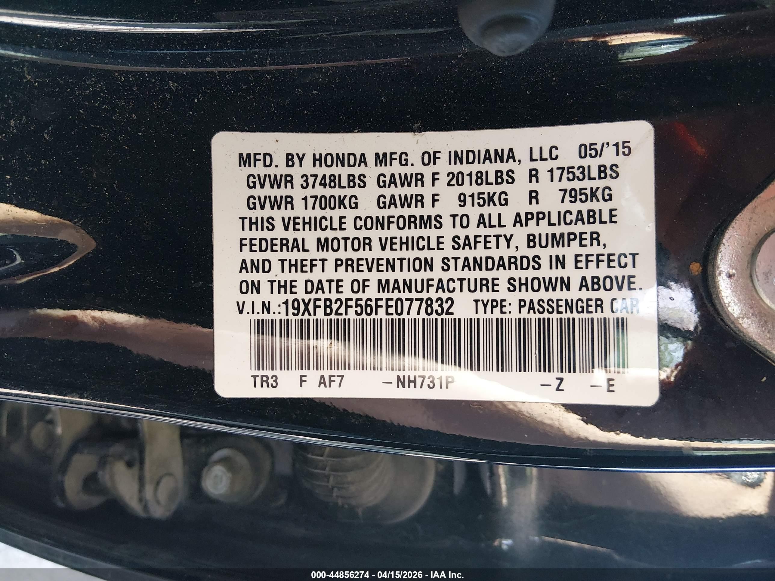 2015 Honda Civic Lx Black vin: 19XFB2F56FE077832