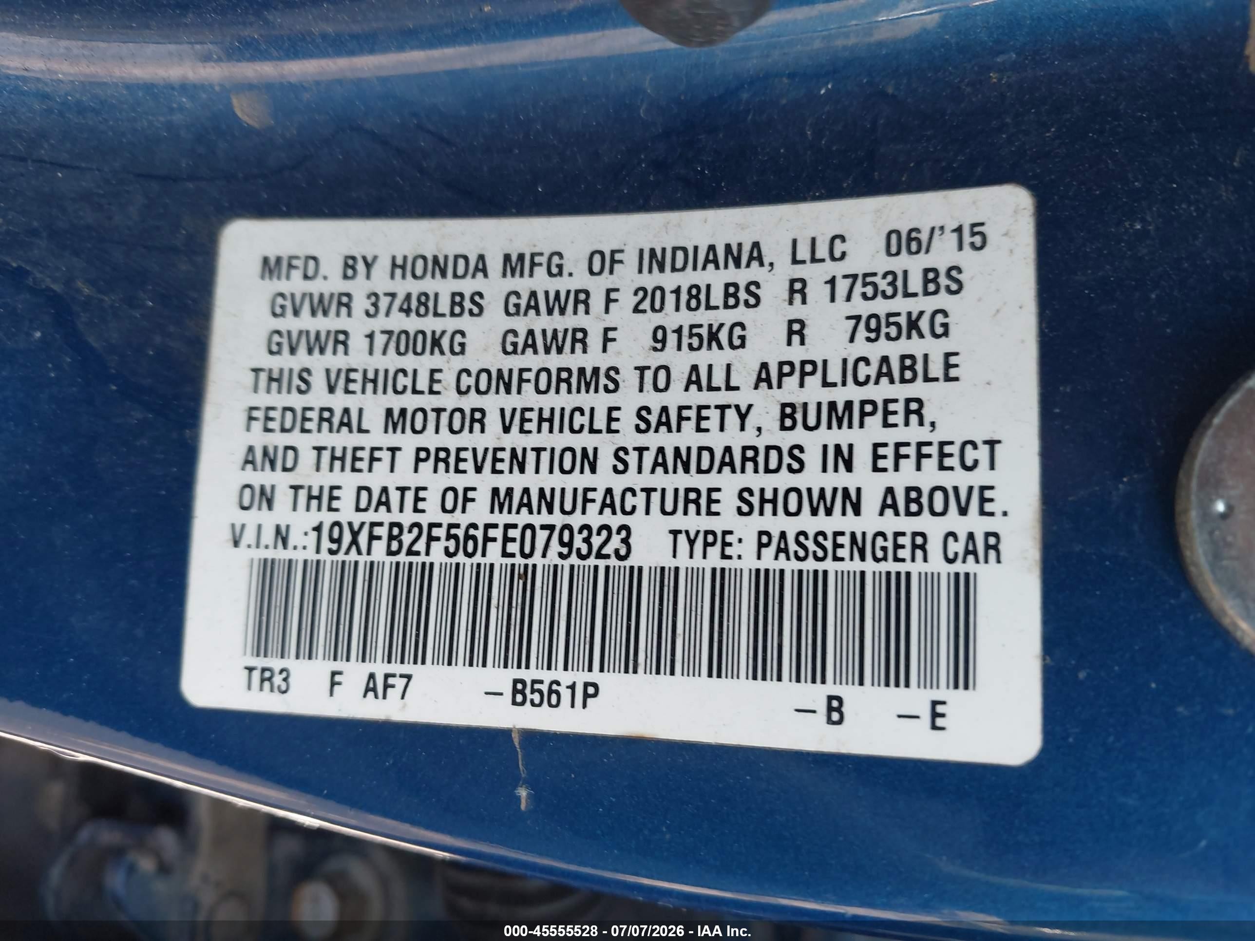 2015 Honda Civic Lx Blue vin: 19XFB2F56FE079323