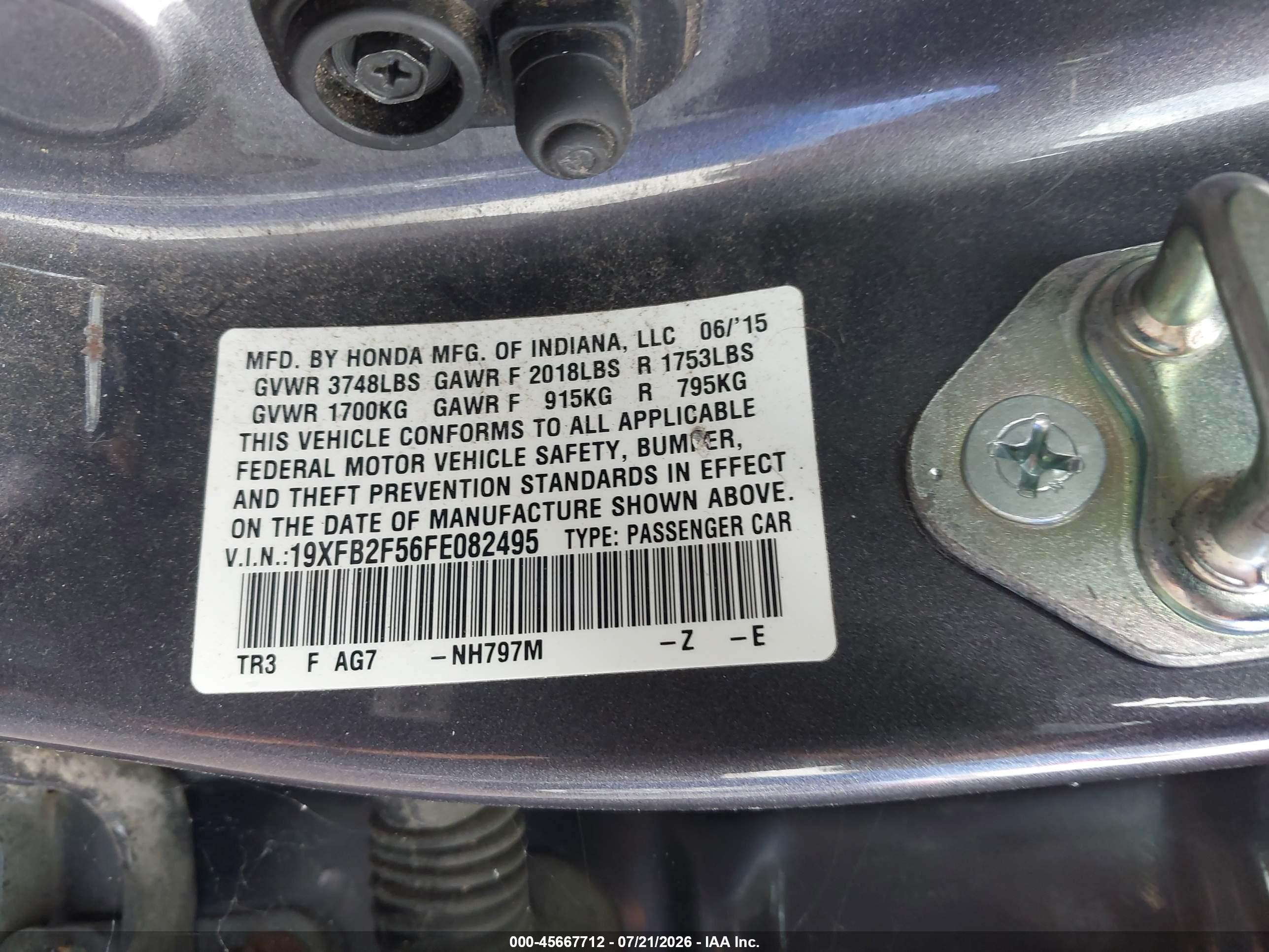 2015 Honda Civic Lx Gray vin: 19XFB2F56FE082495