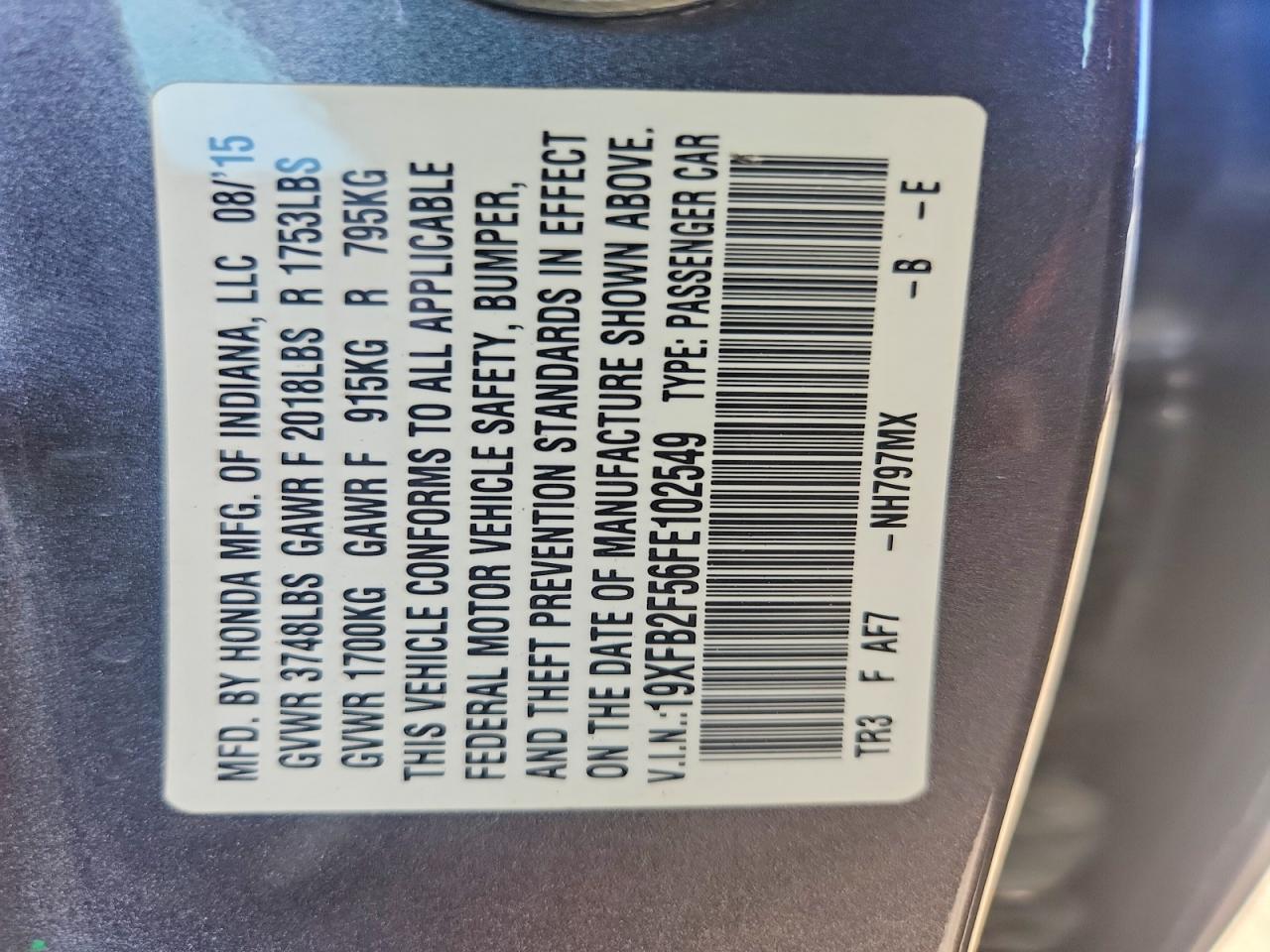 2015 Honda Civic Lx Gray vin: 19XFB2F56FE102549