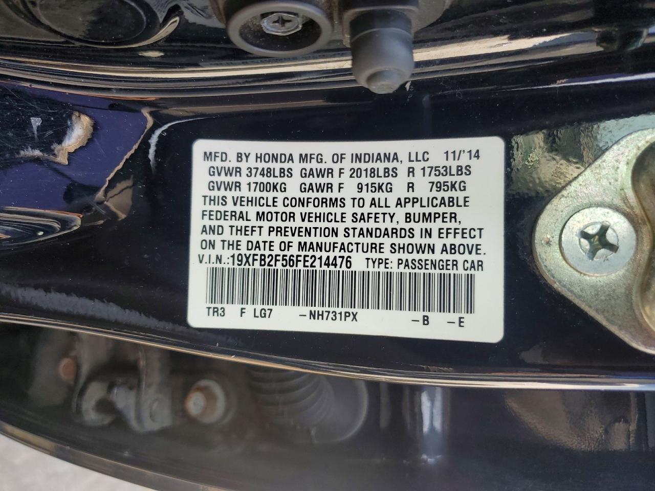 2015 Honda Civic Lx Black vin: 19XFB2F56FE214476