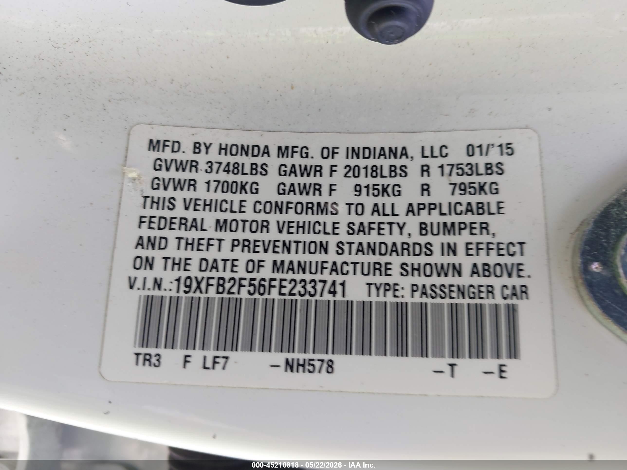 2015 Honda Civic Lx White vin: 19XFB2F56FE233741