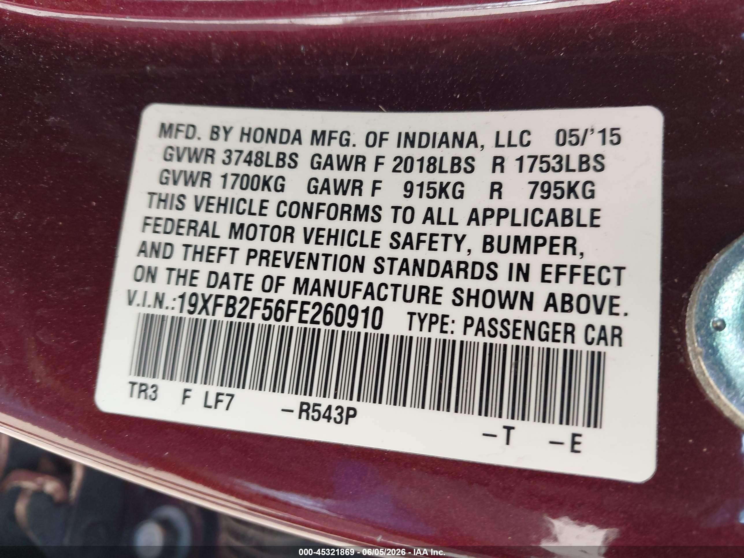 2015 Honda Civic Lx Red vin: 19XFB2F56FE260910