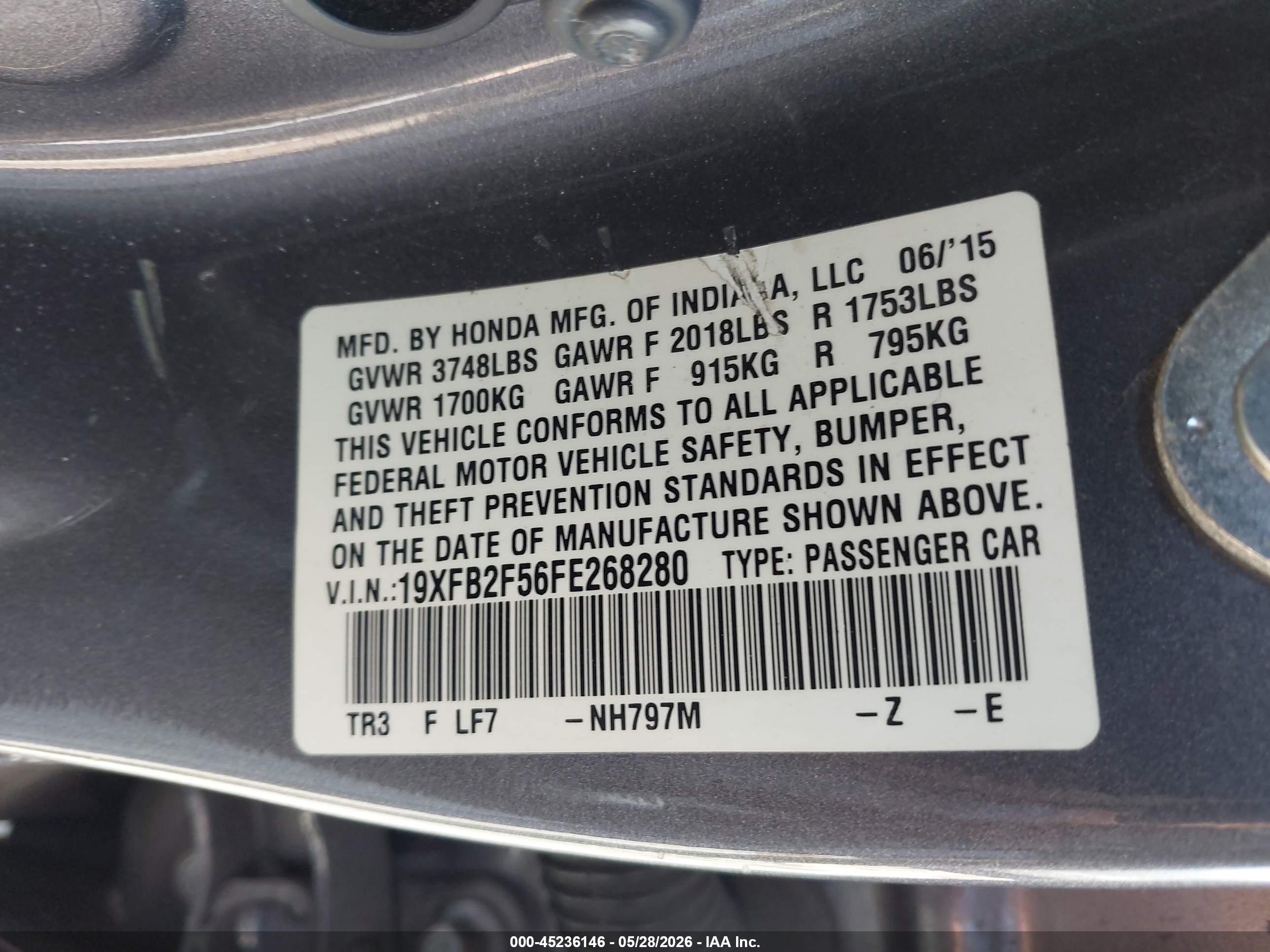 2015 Honda Civic Lx Gray vin: 19XFB2F56FE268280