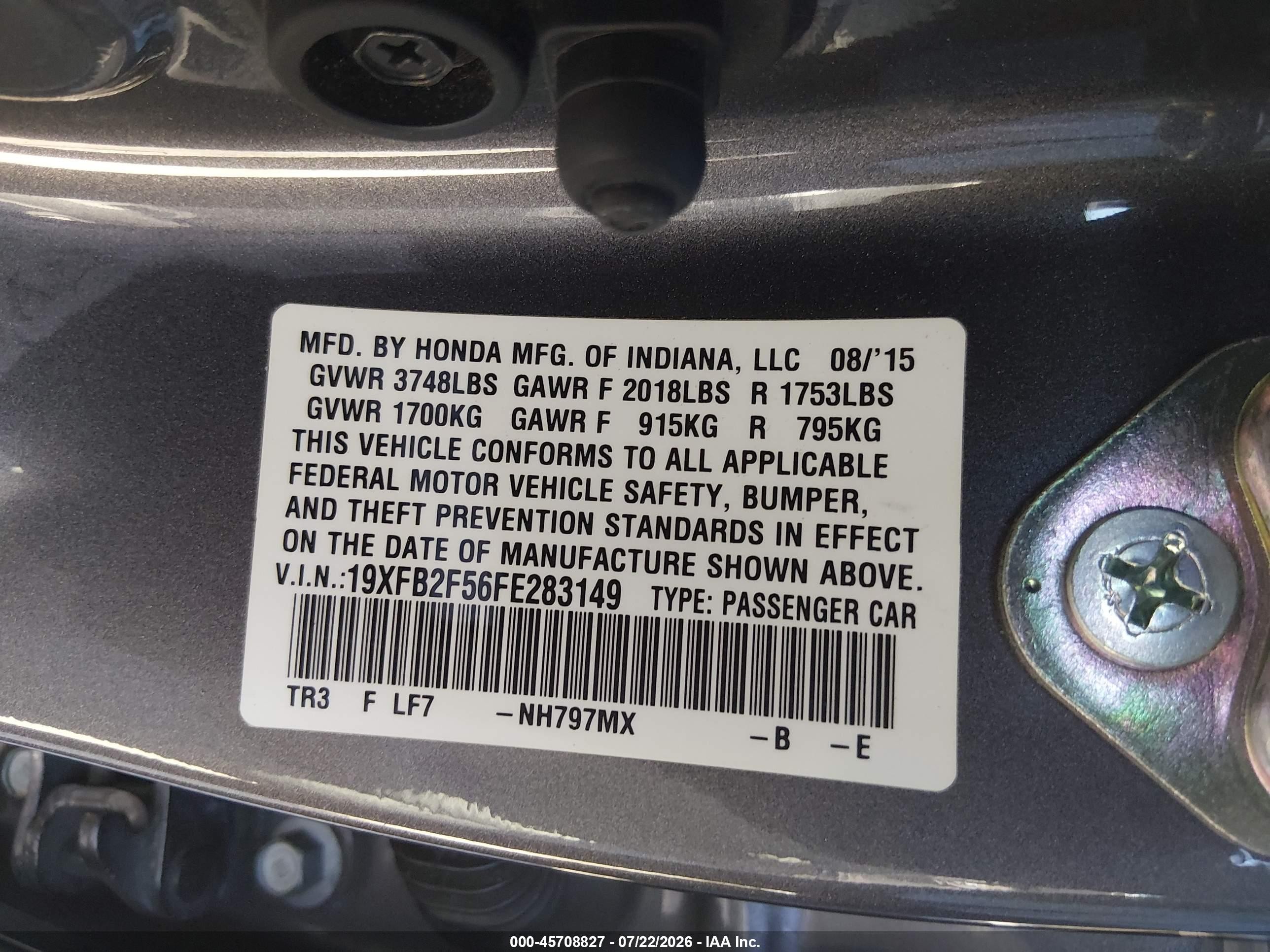 2015 Honda Civic Lx Gray vin: 19XFB2F56FE283149