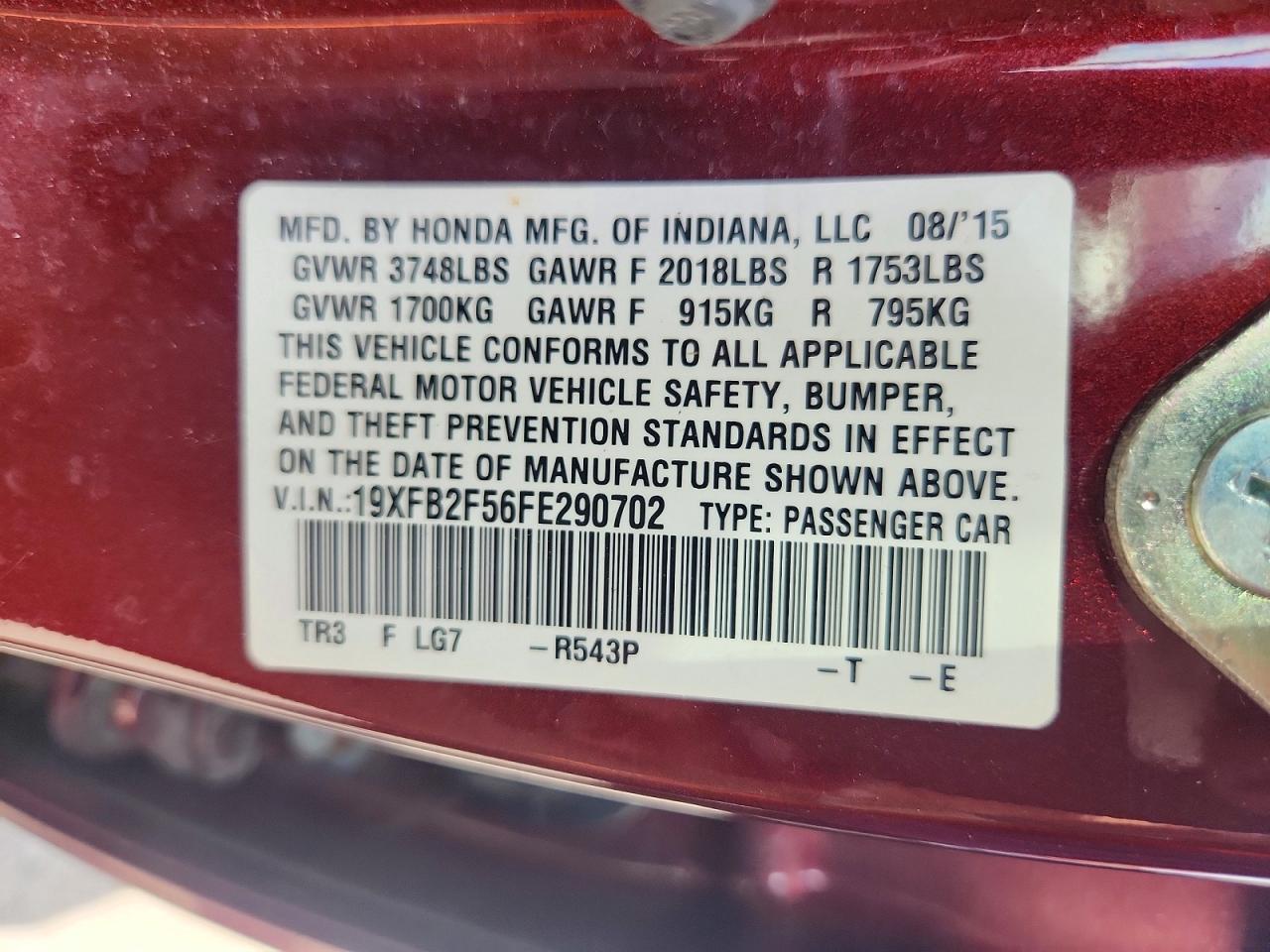 2015 Honda Civic Lx Burgundy vin: 19XFB2F56FE290702