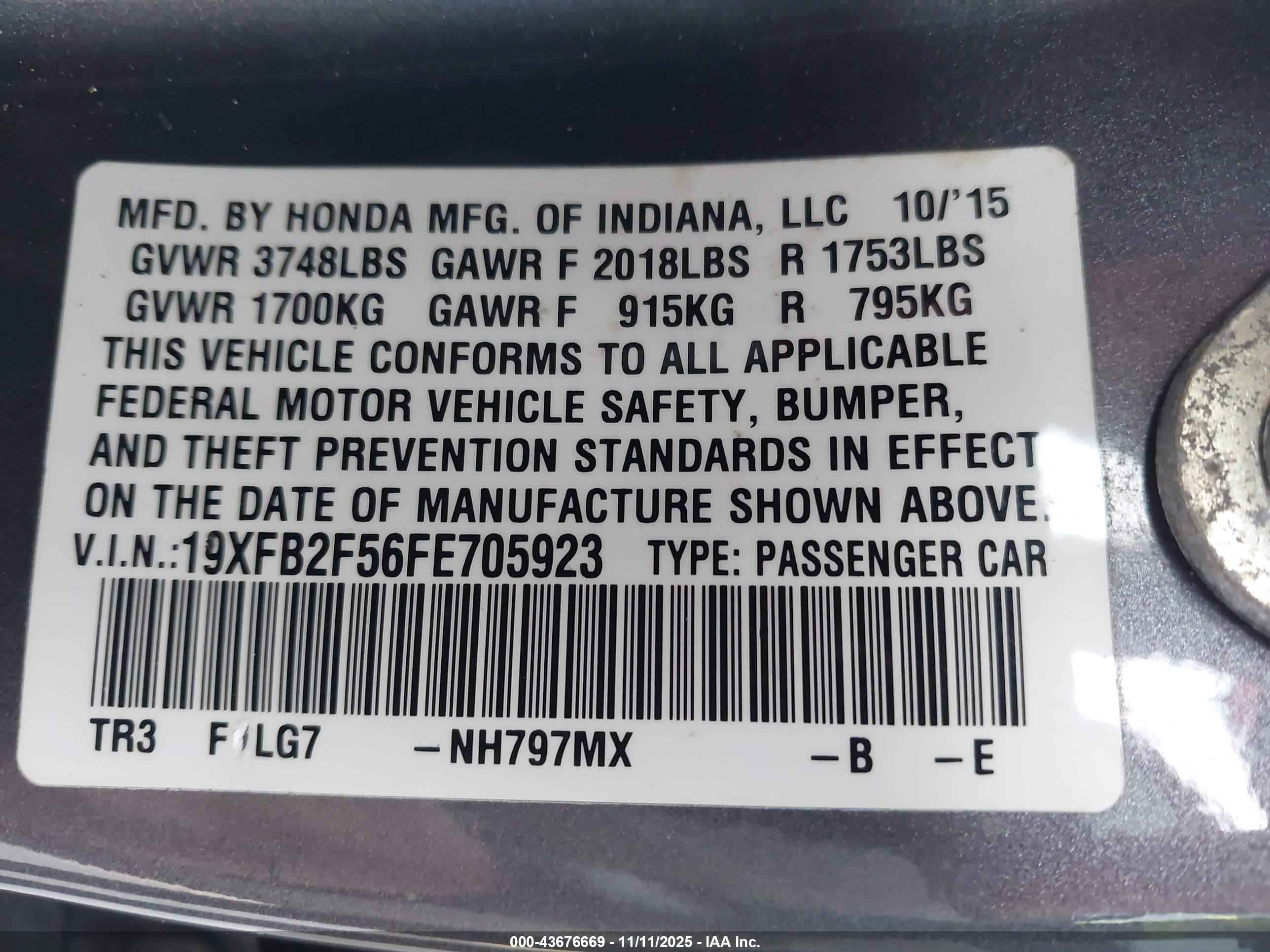 2015 Honda Civic Lx Gray vin: 19XFB2F56FE705923