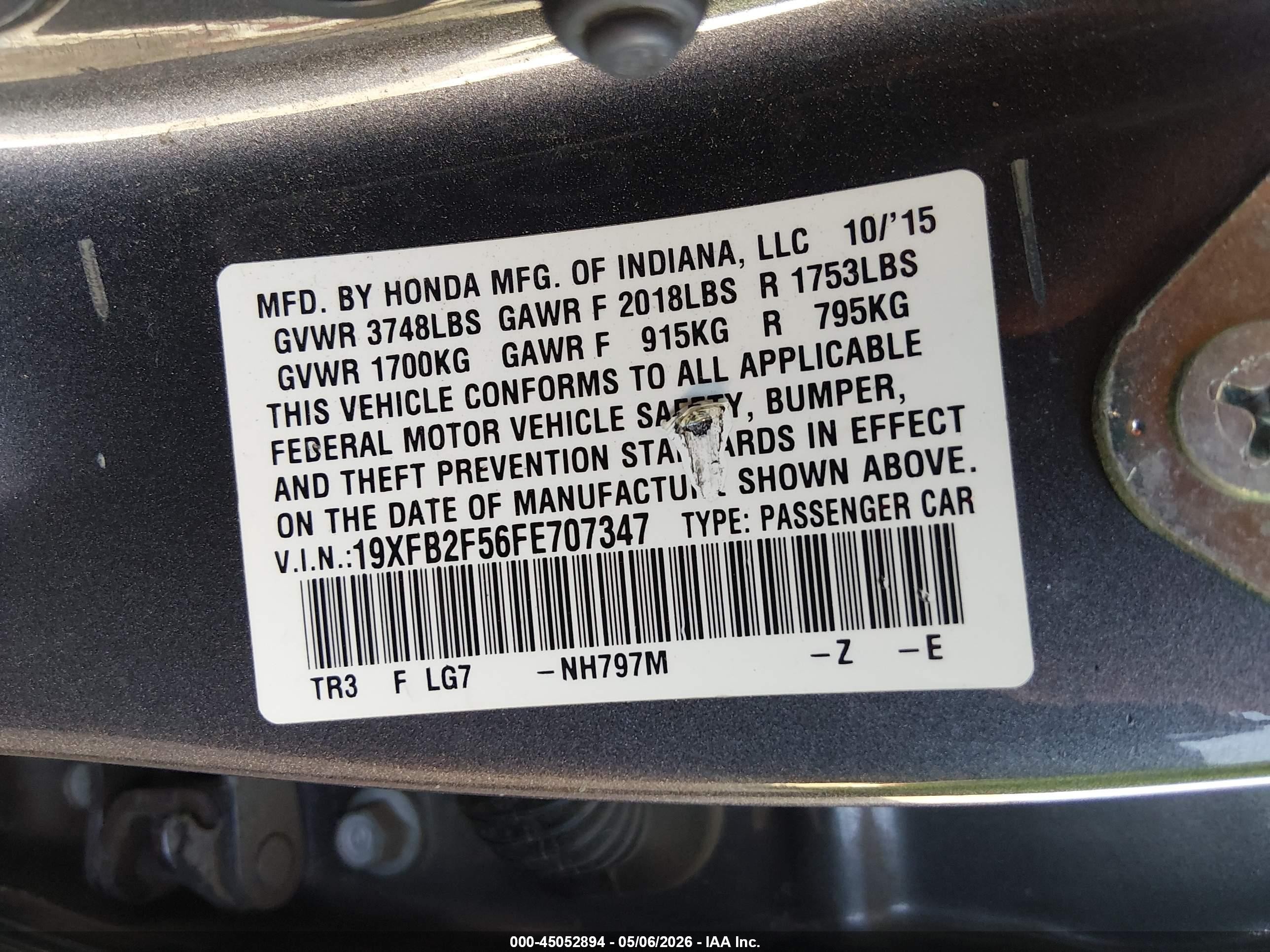 2015 Honda Civic Lx Gray vin: 19XFB2F56FE707347