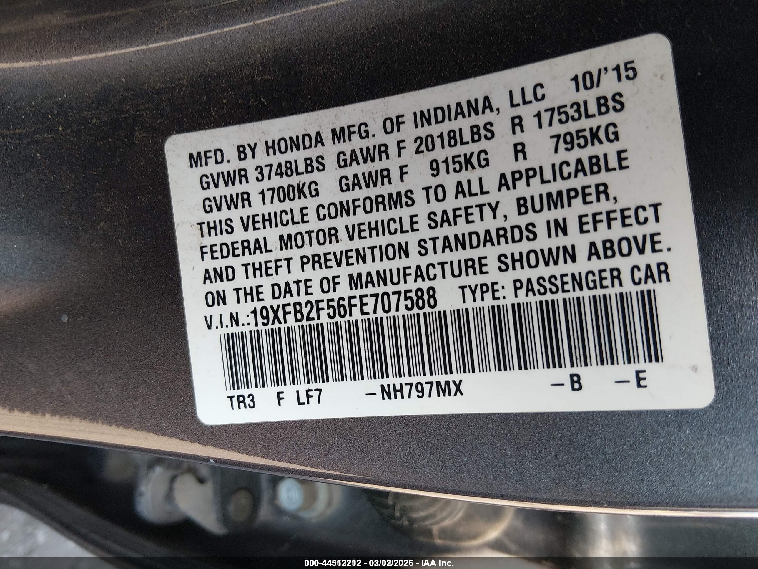 2015 Honda Civic Lx Gray vin: 19XFB2F56FE707588