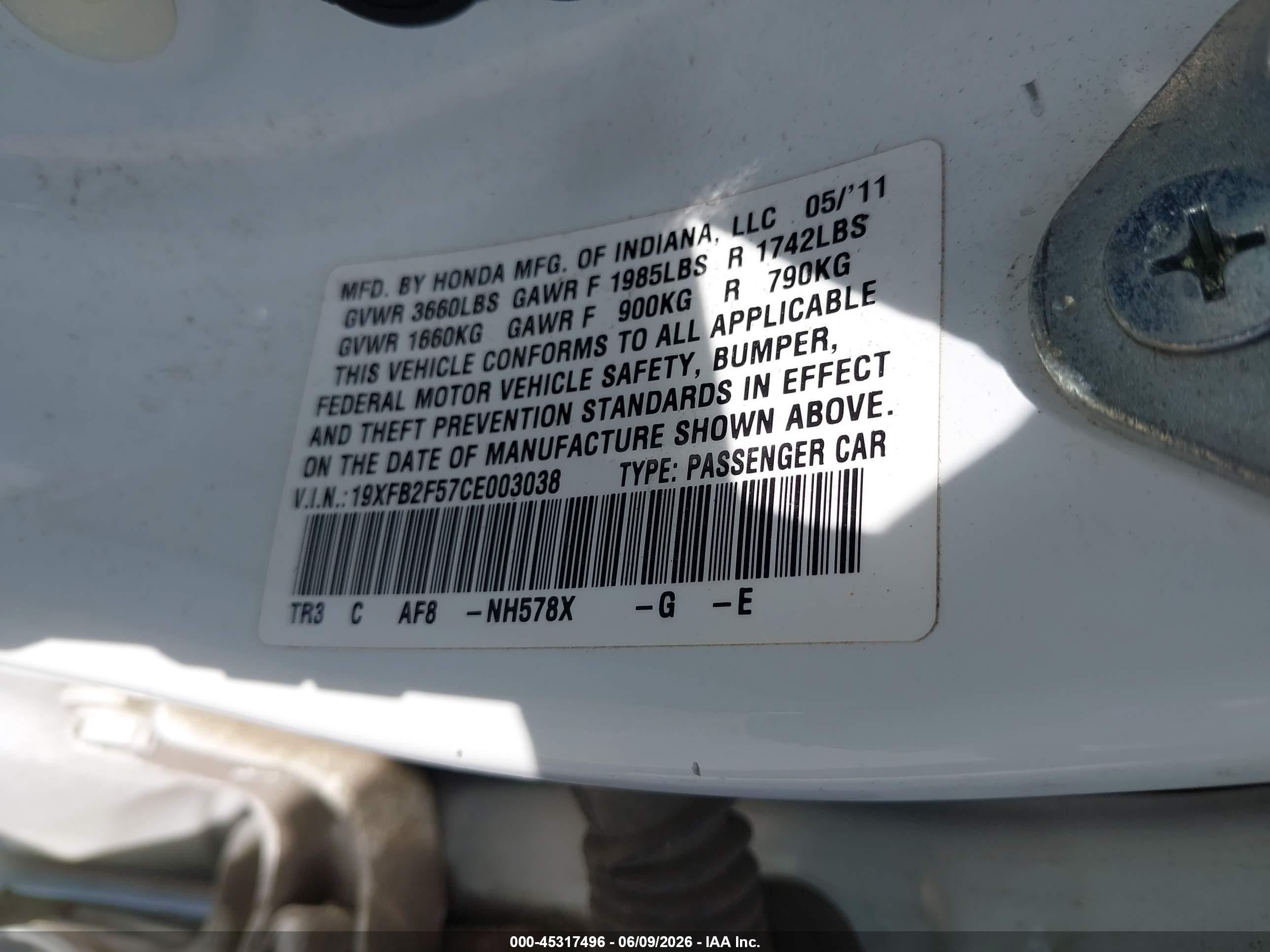 2012 Honda Civic Lx White vin: 19XFB2F57CE003038